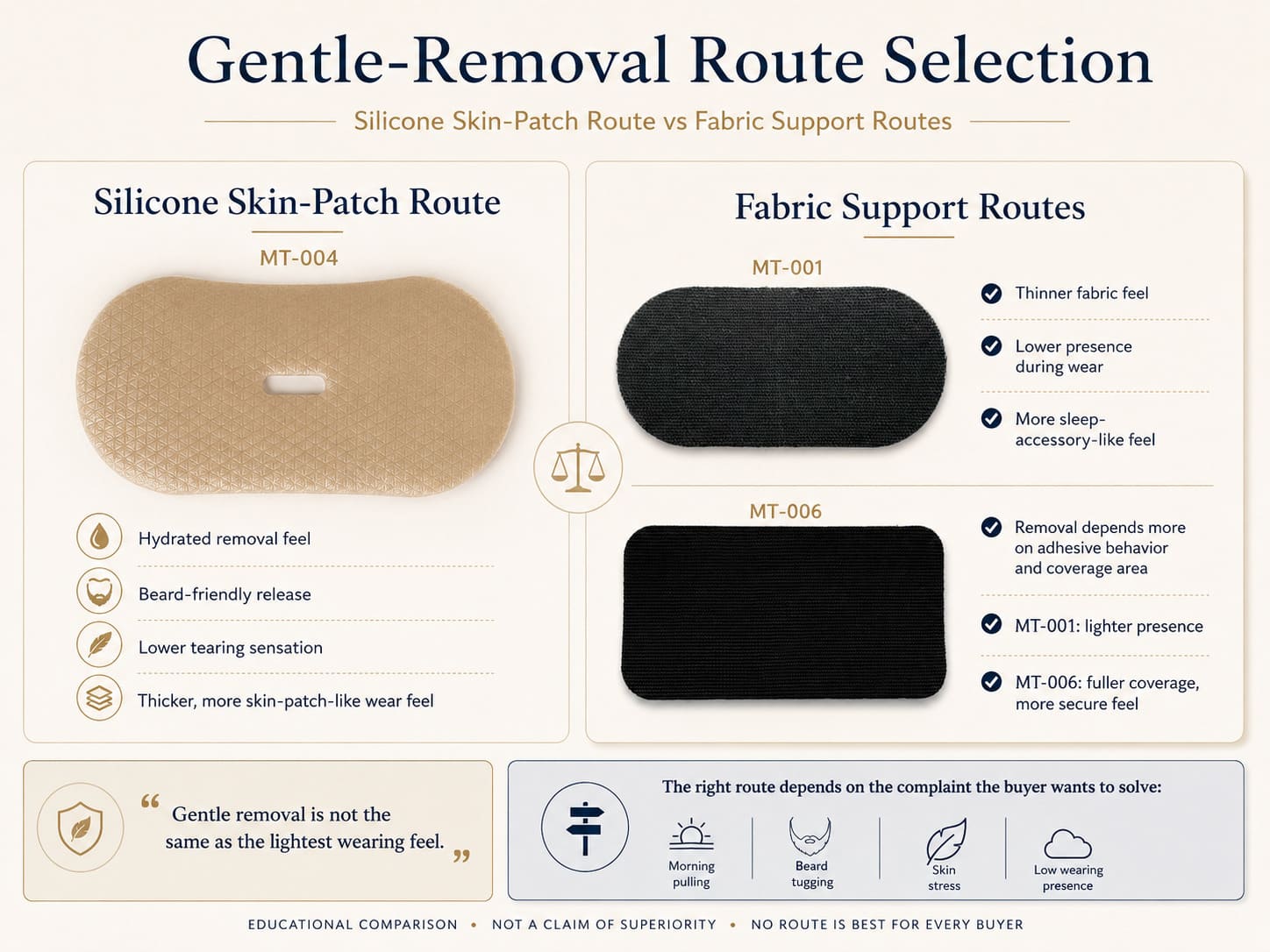 Silicone skin-patch route versus fabric support routes comparison showing hydrated removal, beard-friendly release, thinner fabric feel, and wearing comfort trade-offs