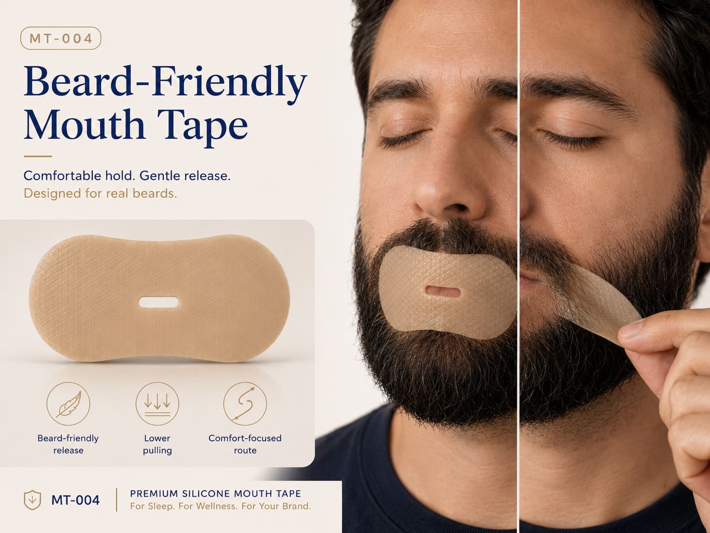 MT-004 beard-friendly silicone mouth tape showing gentle release, lower pulling, and comfort-focused removal for bearded users
