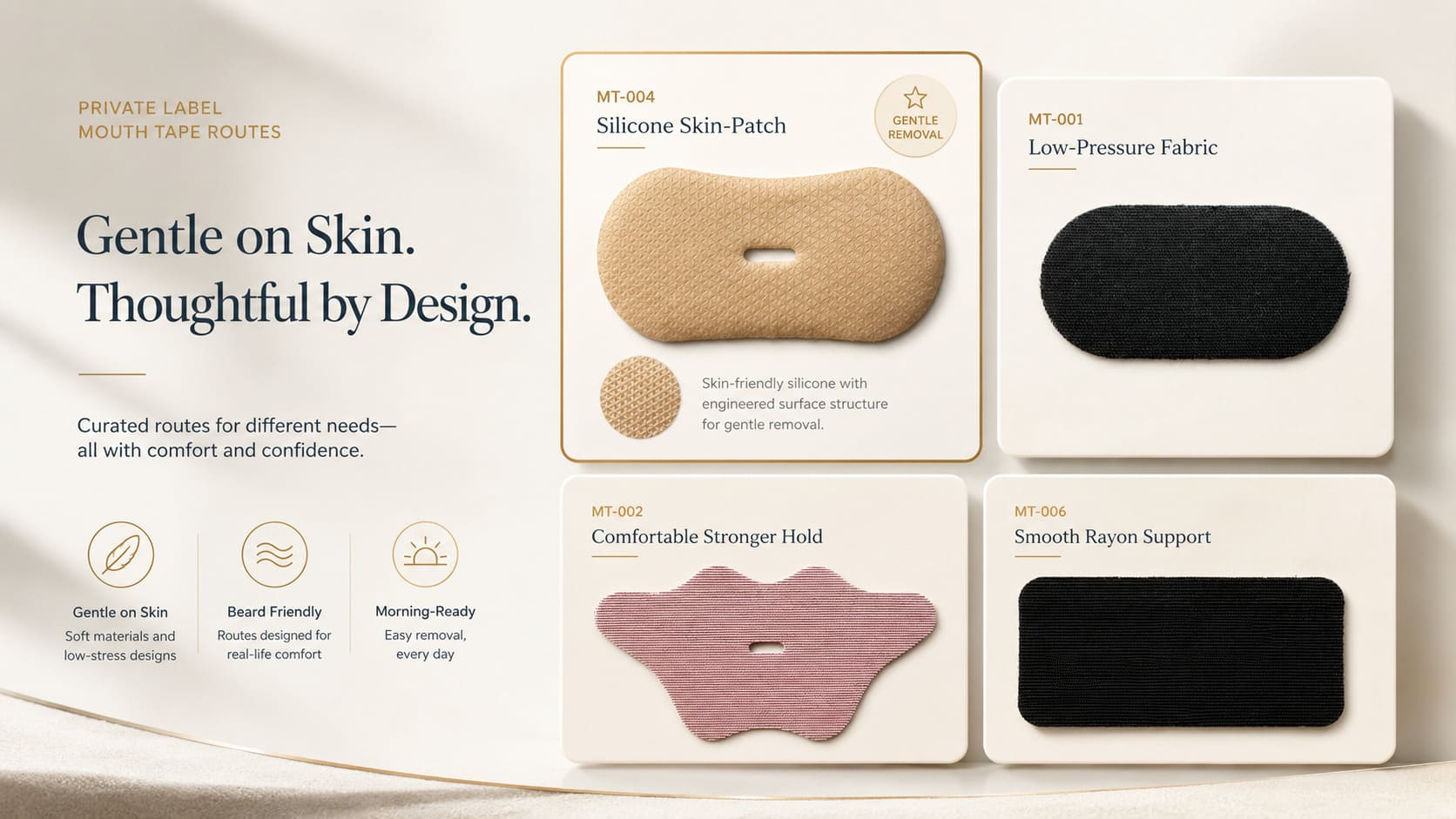 Gentle removal and beard-friendly mouth tape routes for private label buyers featuring MT-004, MT-001, MT-002, and MT-006