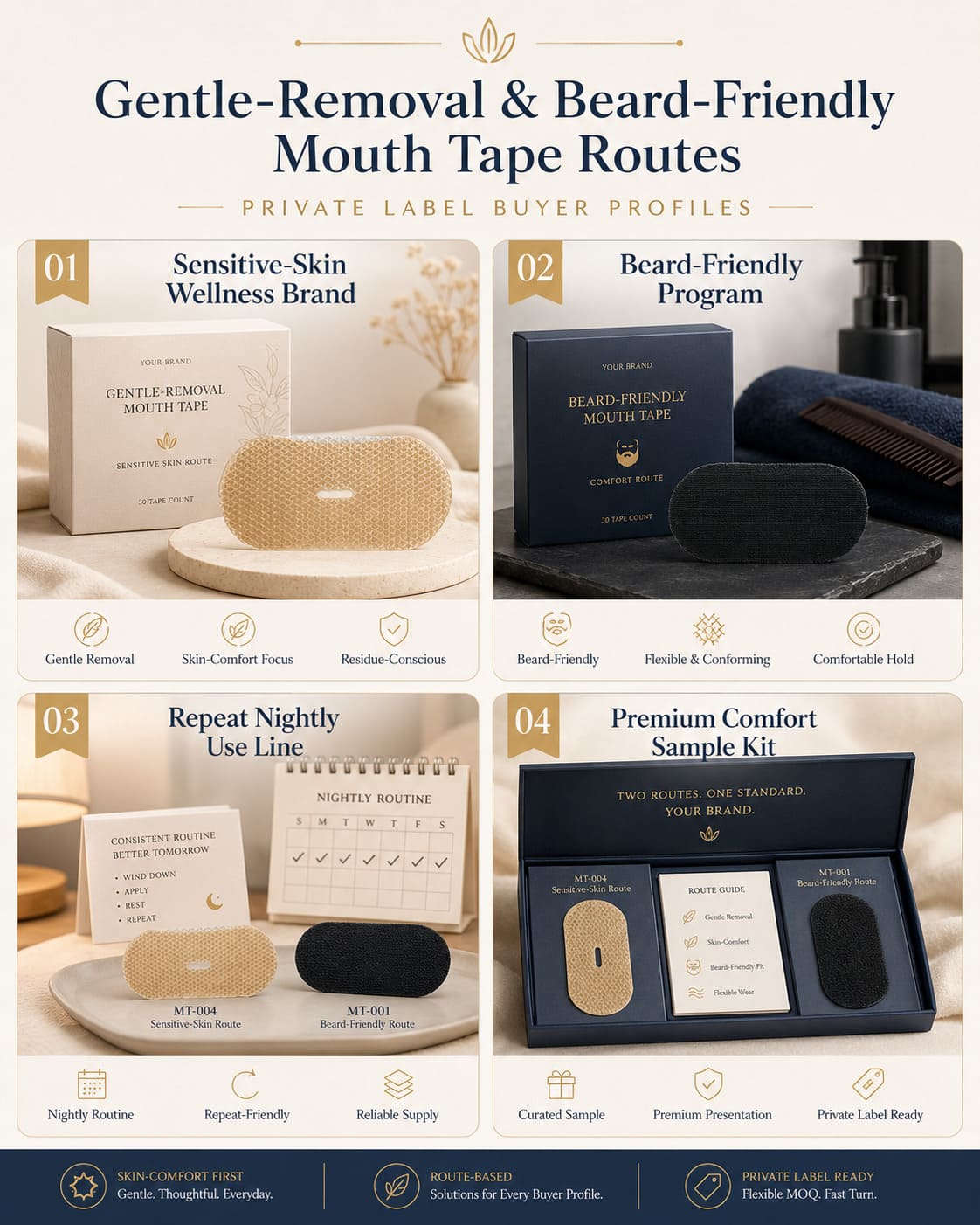 Gentle-removal and beard-friendly mouth tape routes for B2B buyer profiles including sensitive-skin wellness brands, beard-friendly programs, repeat nightly use lines, and premium comfort sample kits