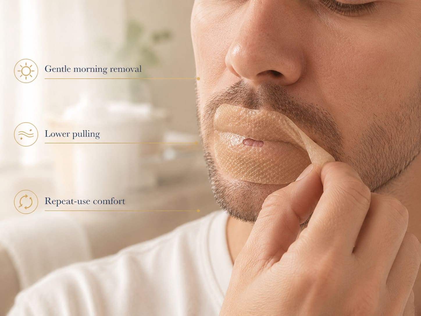 MT-004 mouth tape showing gentle morning removal, lower pulling, and next-night acceptance focused comfort