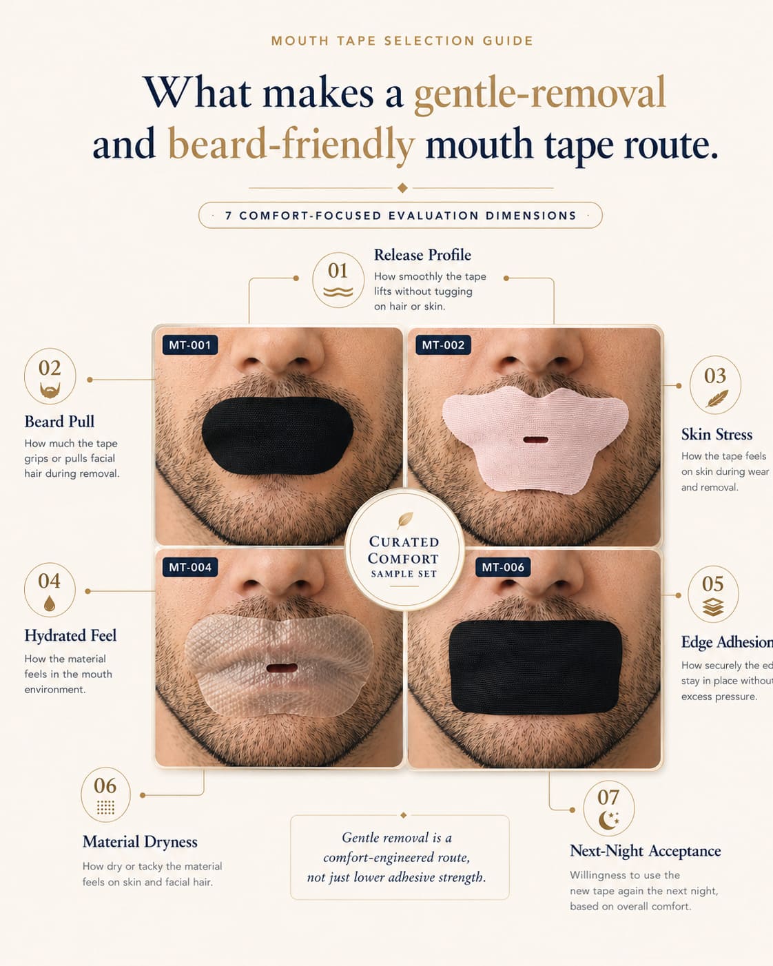 Gentle-removal and beard-friendly mouth tape selection framework showing release profile, beard pull, skin stress, hydrated feel, edge adhesion, material dryness, and next-night acceptance