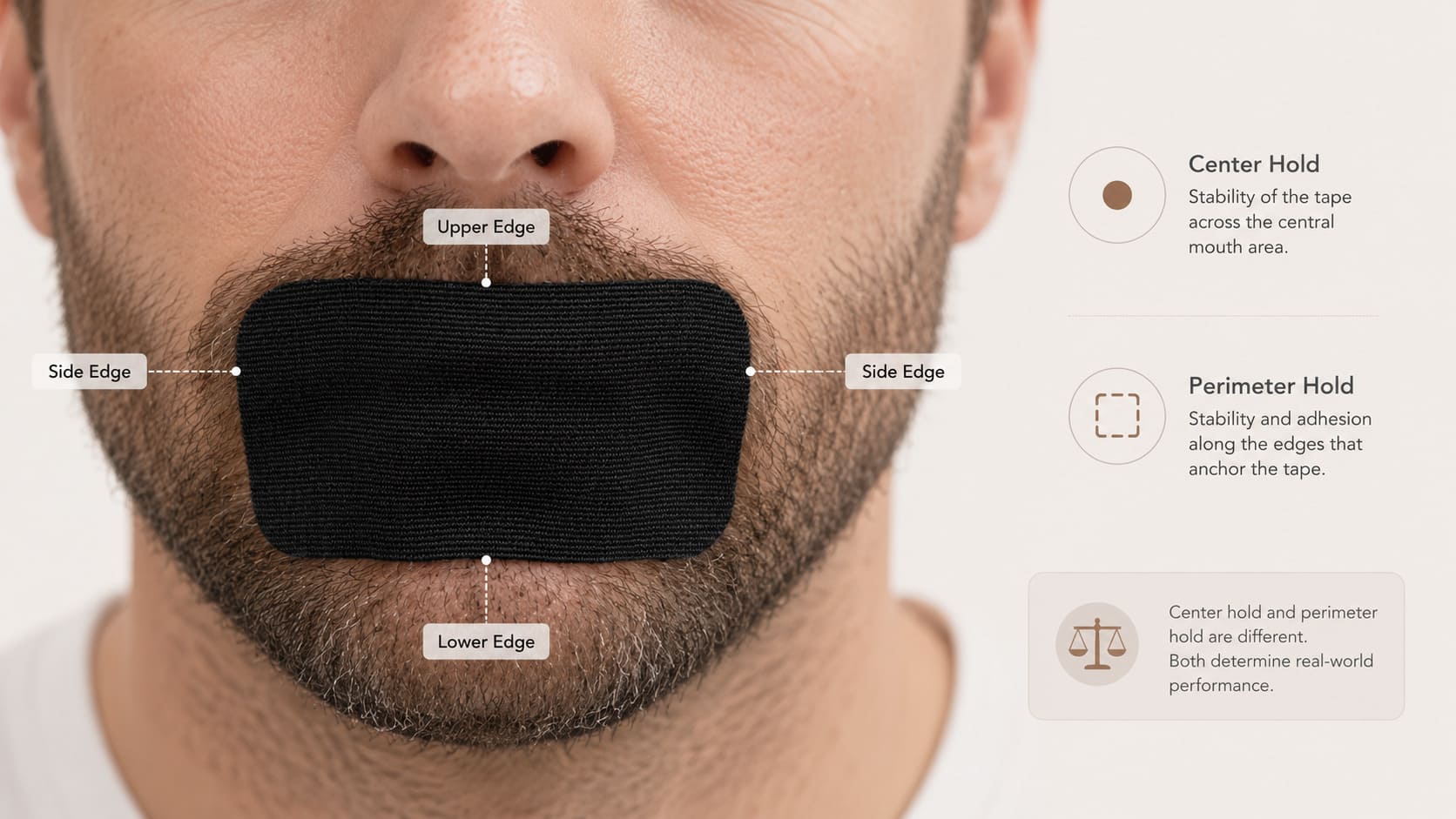 Center hold and perimeter hold evaluation areas for mouth tape