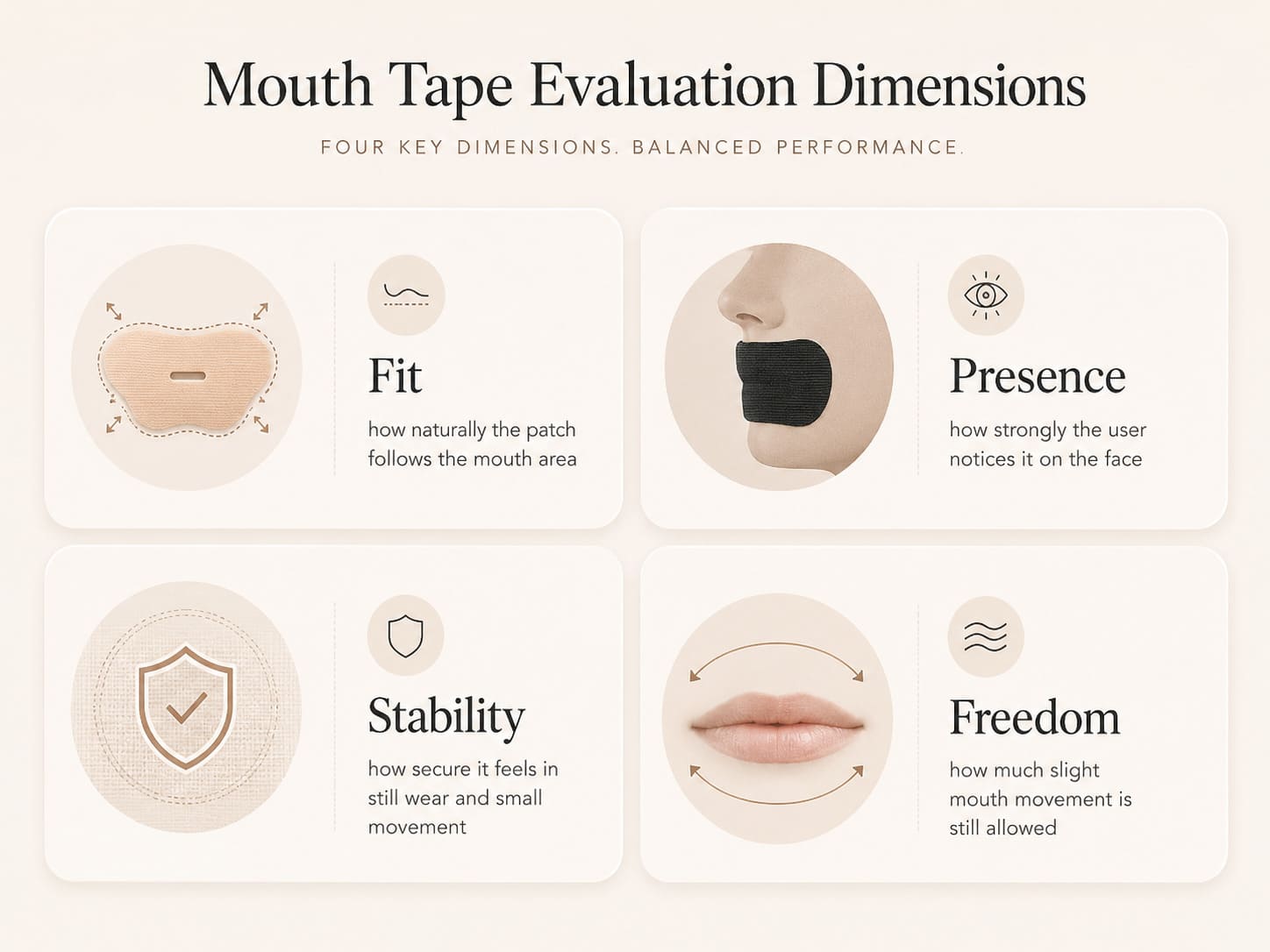 Four core dimensions for mouth tape sample evaluation: fit, presence, stability, freedom