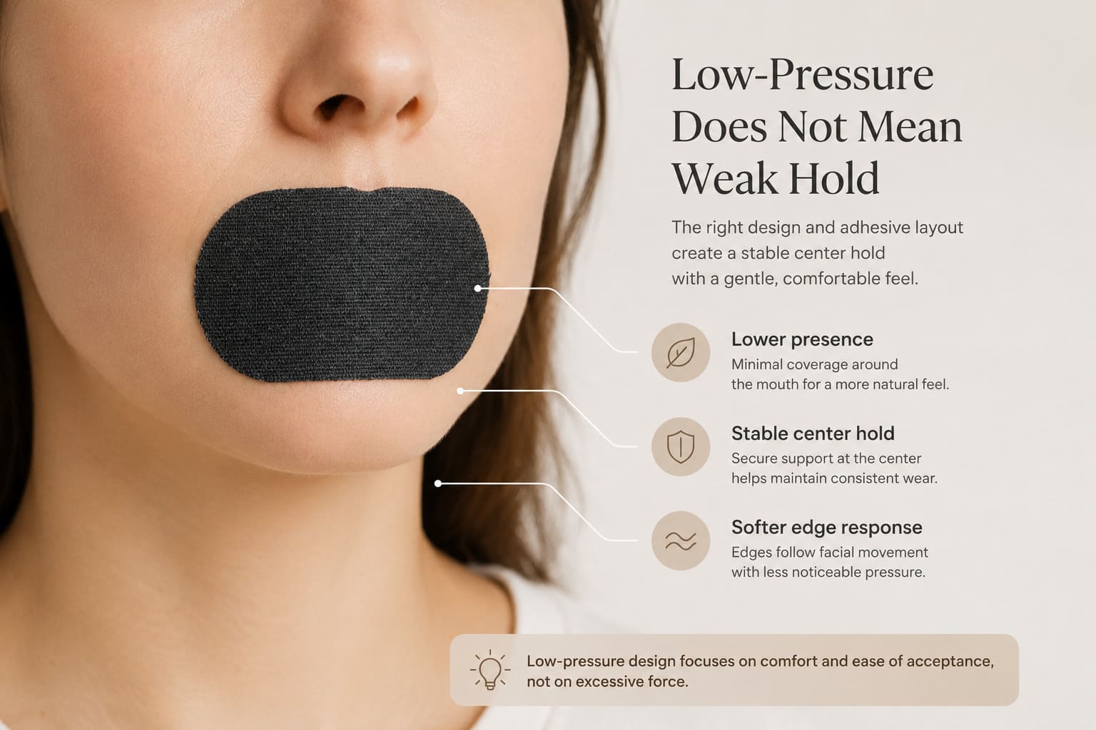 Low-pressure mouth tape on model face showing stable center hold, lower presence, and softer edge response