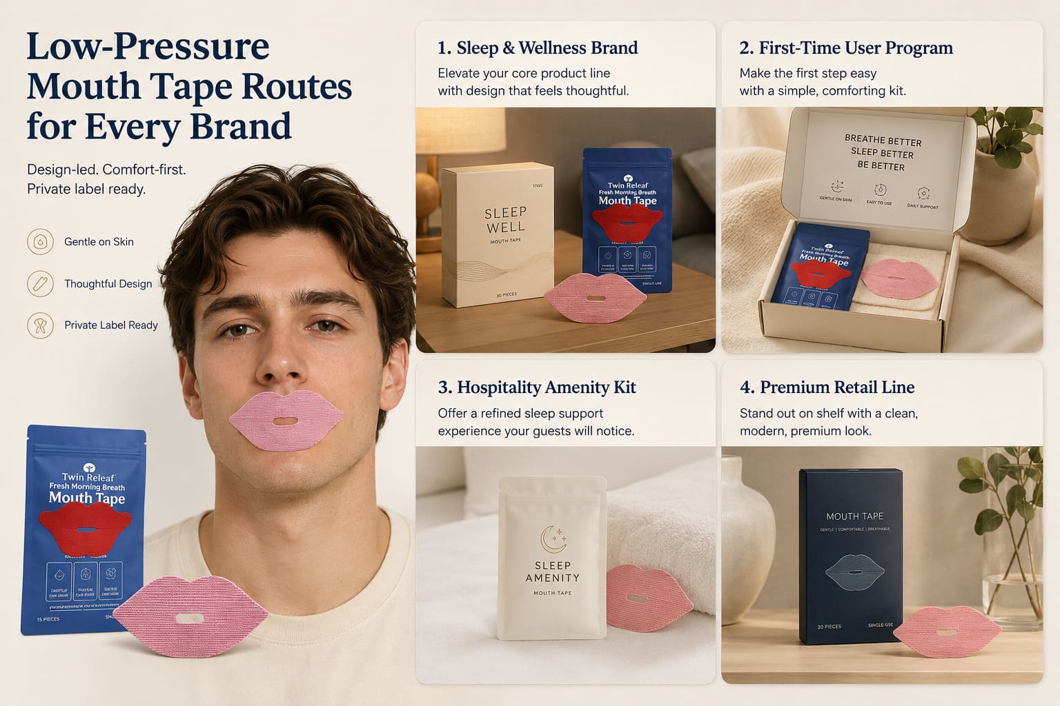 B2B buyer profile examples for low-pressure mouth tape routes including wellness brands, starter kits, hospitality amenity kits, and premium retail lines