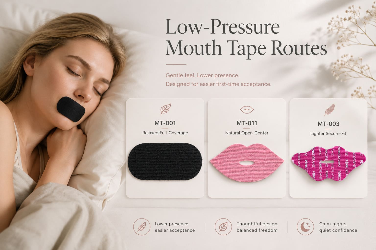 Low-pressure mouth tape routes for private label sleep brands with MT-001, MT-011, and MT-003 sample options
