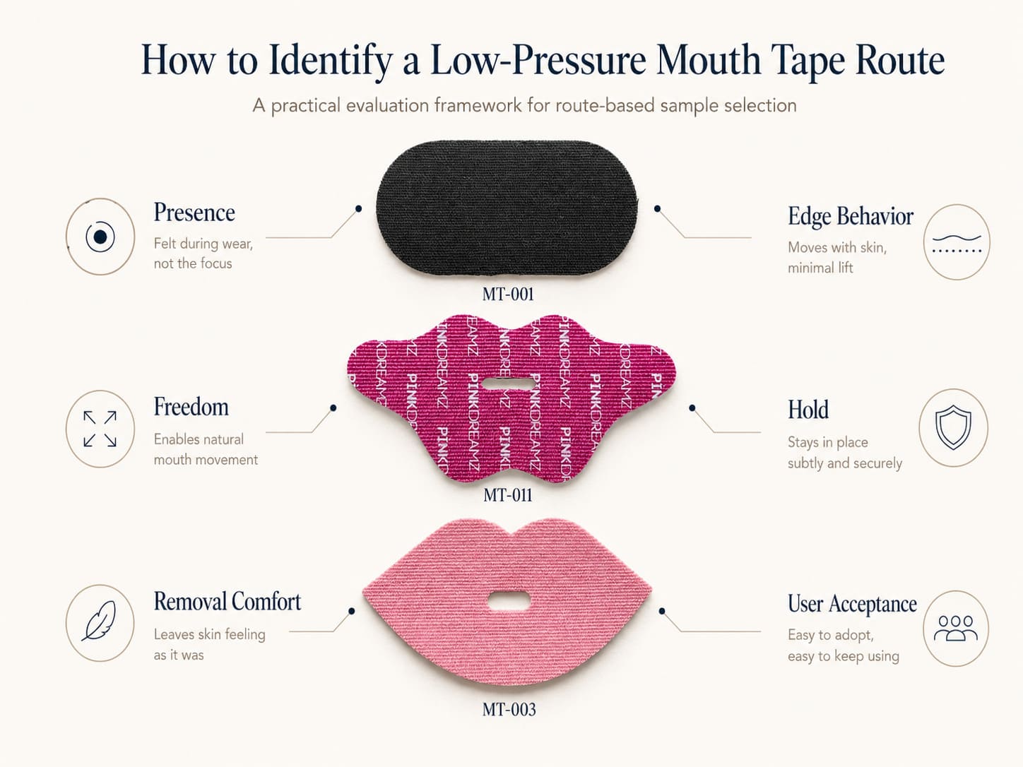 Low-pressure mouth tape selection framework showing presence, edge behavior, freedom, hold, removal comfort, and user acceptance