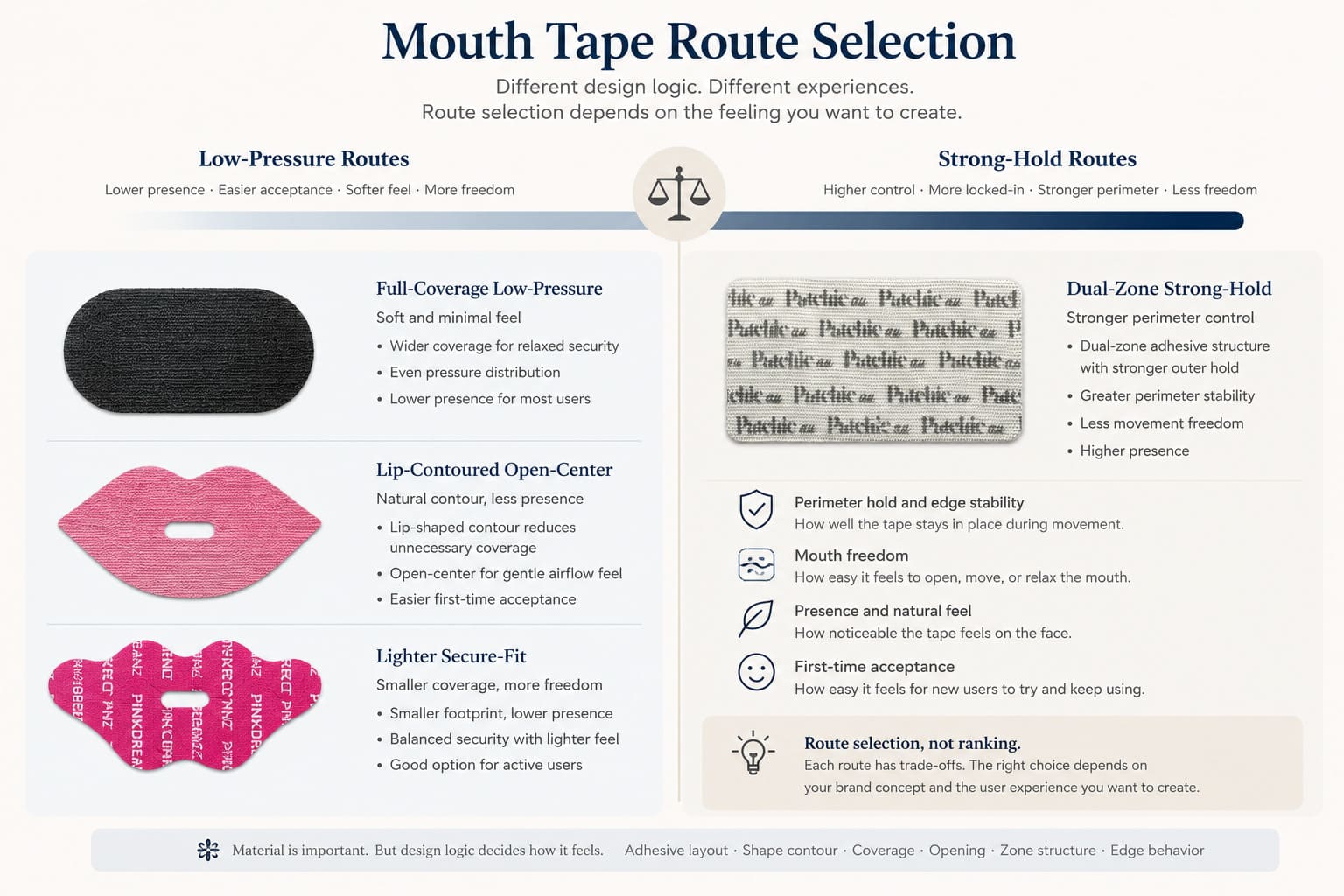 Mouth tape route selection infographic comparing low-pressure routes with stronger-hold routes for private label buyers