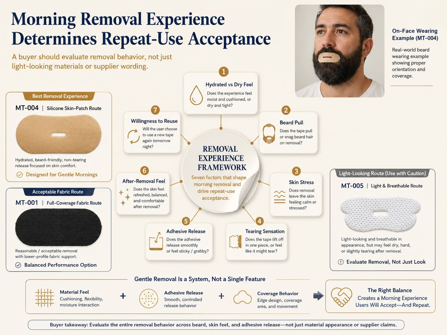 Mouth tape removal experience framework showing hydrated versus dry feel, beard pull, skin stress, tearing sensation, adhesive release, after-removal feel, and willingness to use again
