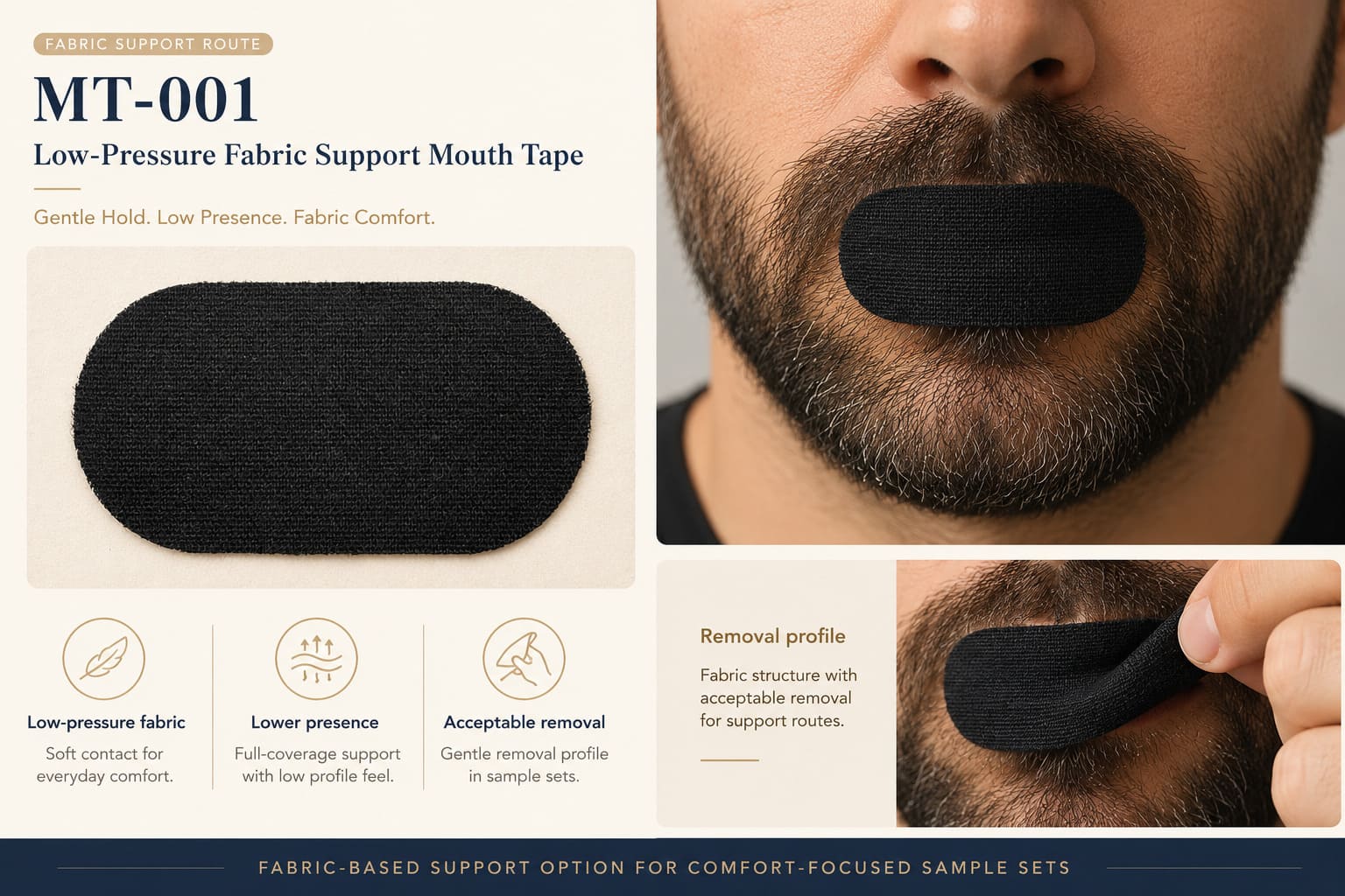 MT-001 low-pressure fabric support mouth tape route showing lower presence, fabric comfort, and acceptable removal profile