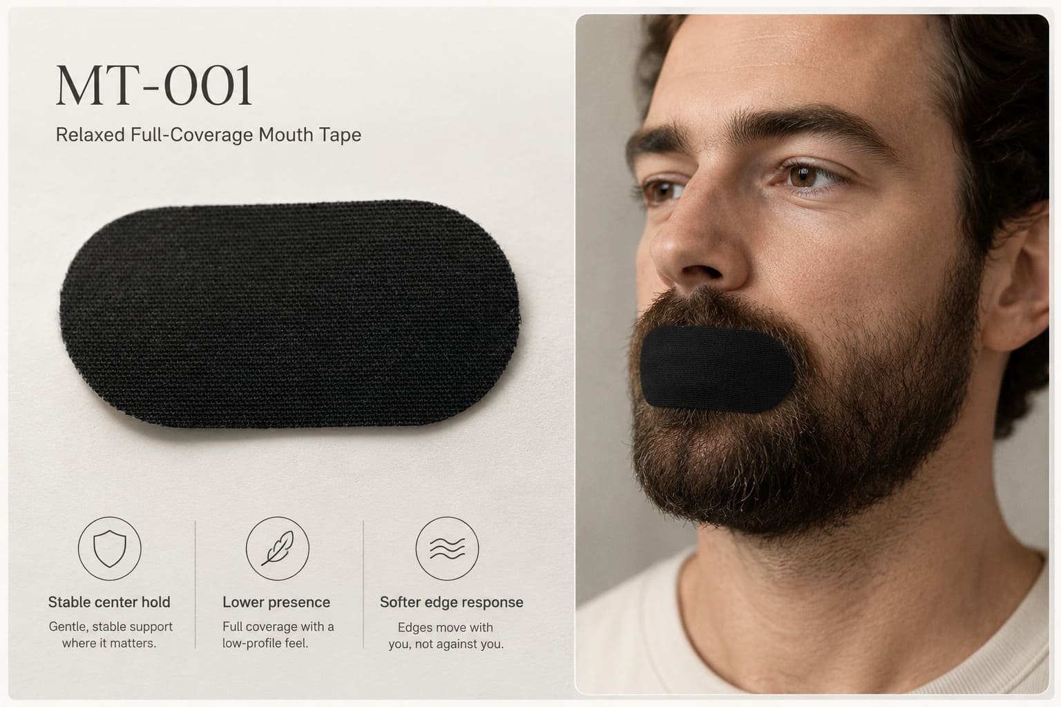 MT-001 relaxed full-coverage mouth tape route showing low-profile black fabric patch and stable center hold
