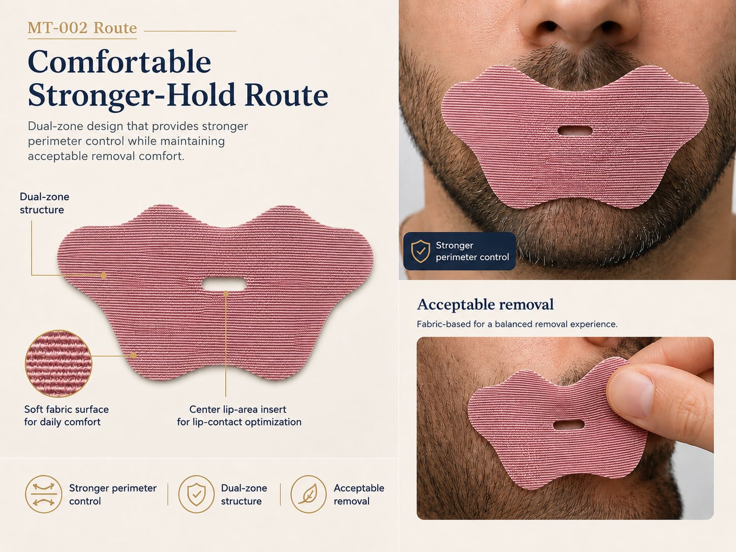 MT-002 comfortable stronger-hold mouth tape route showing dual-zone structure, stronger perimeter control, and acceptable removal comfort