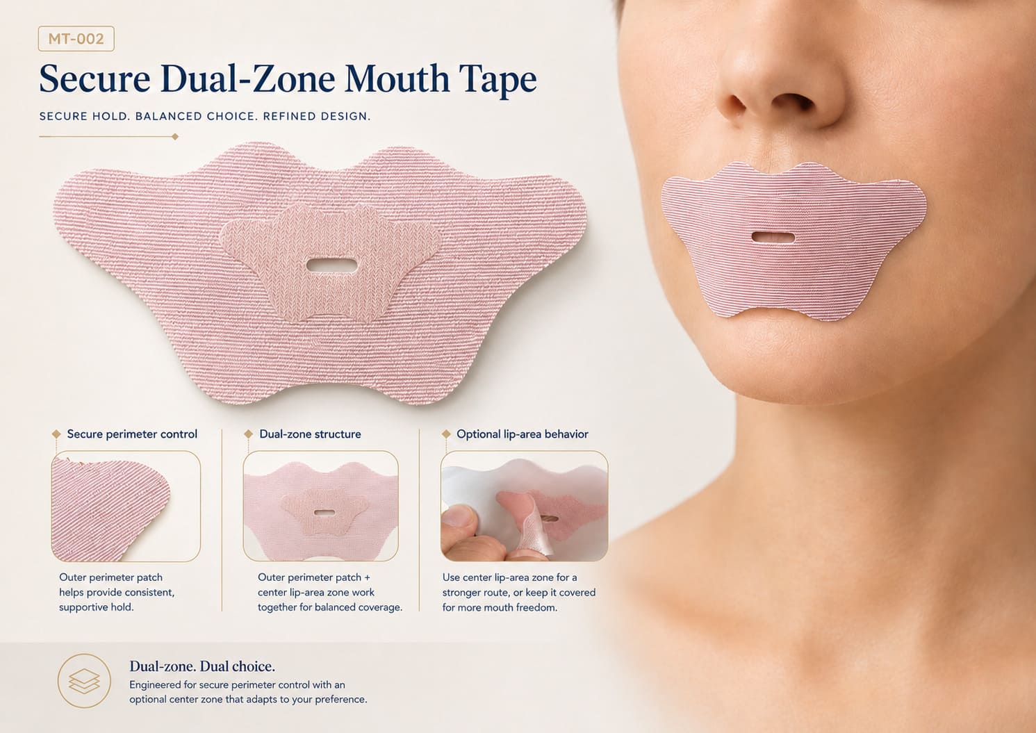 MT-002 secure dual-zone mouth tape route showing perimeter control, dual-zone structure, and optional lip-area behavior