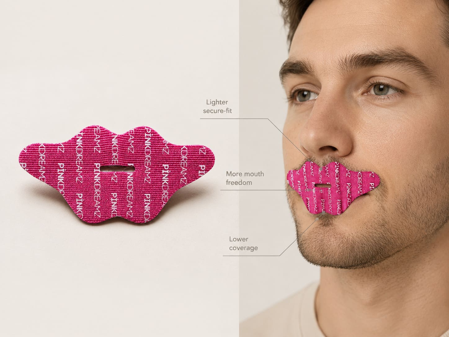 MT-003 lighter secure-fit mouth tape route showing open design, lower coverage, and more mouth freedom
