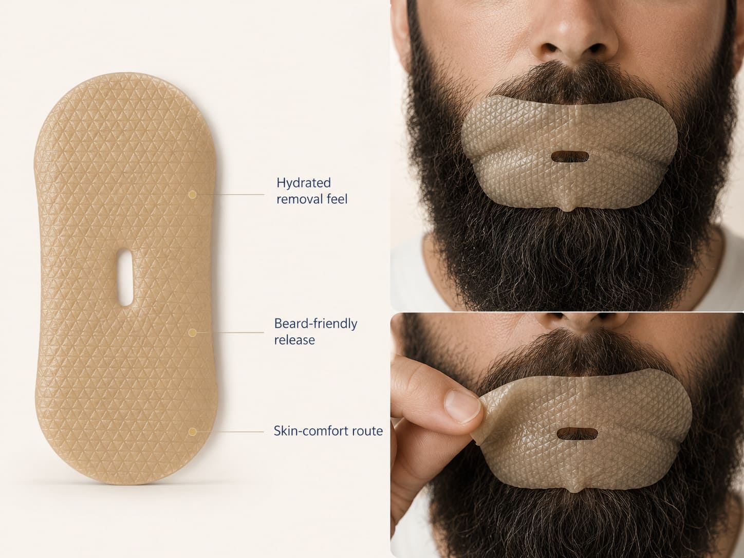 MT-004 silicone skin-patch mouth tape route showing hydrated removal feel, beard-friendly release, and skin-comfort focused design