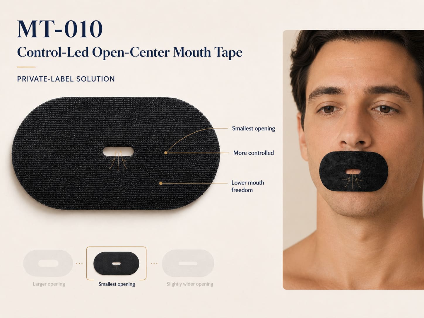 MT-010 control-led open-center mouth tape route showing smaller opening, more controlled hold, and lower mouth freedom