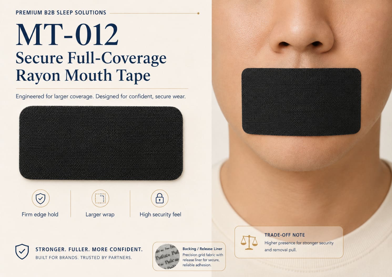 MT-012 secure full-coverage rayon mouth tape route showing larger wrap, firm edge hold, and high security feel