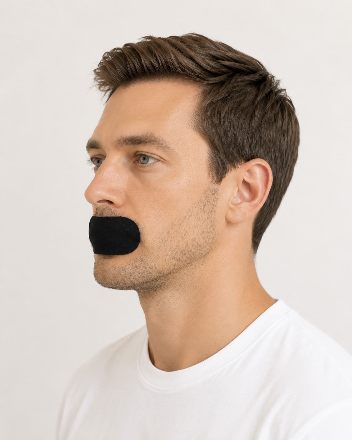 Side view of a man wearing black fabric mouth tape for private label sleep and wellness product selection