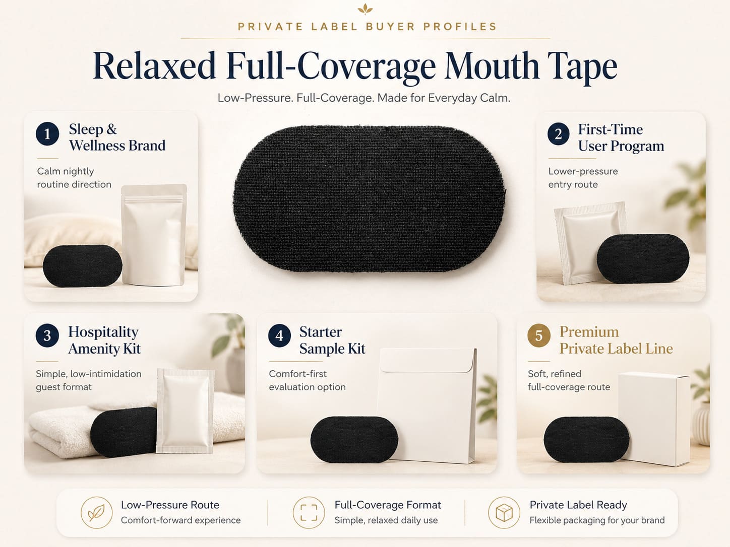 Relaxed full-coverage mouth tape buyer profiles including sleep wellness brands, first-time user programs, hospitality amenity kits, starter sample kits, and premium private label lines