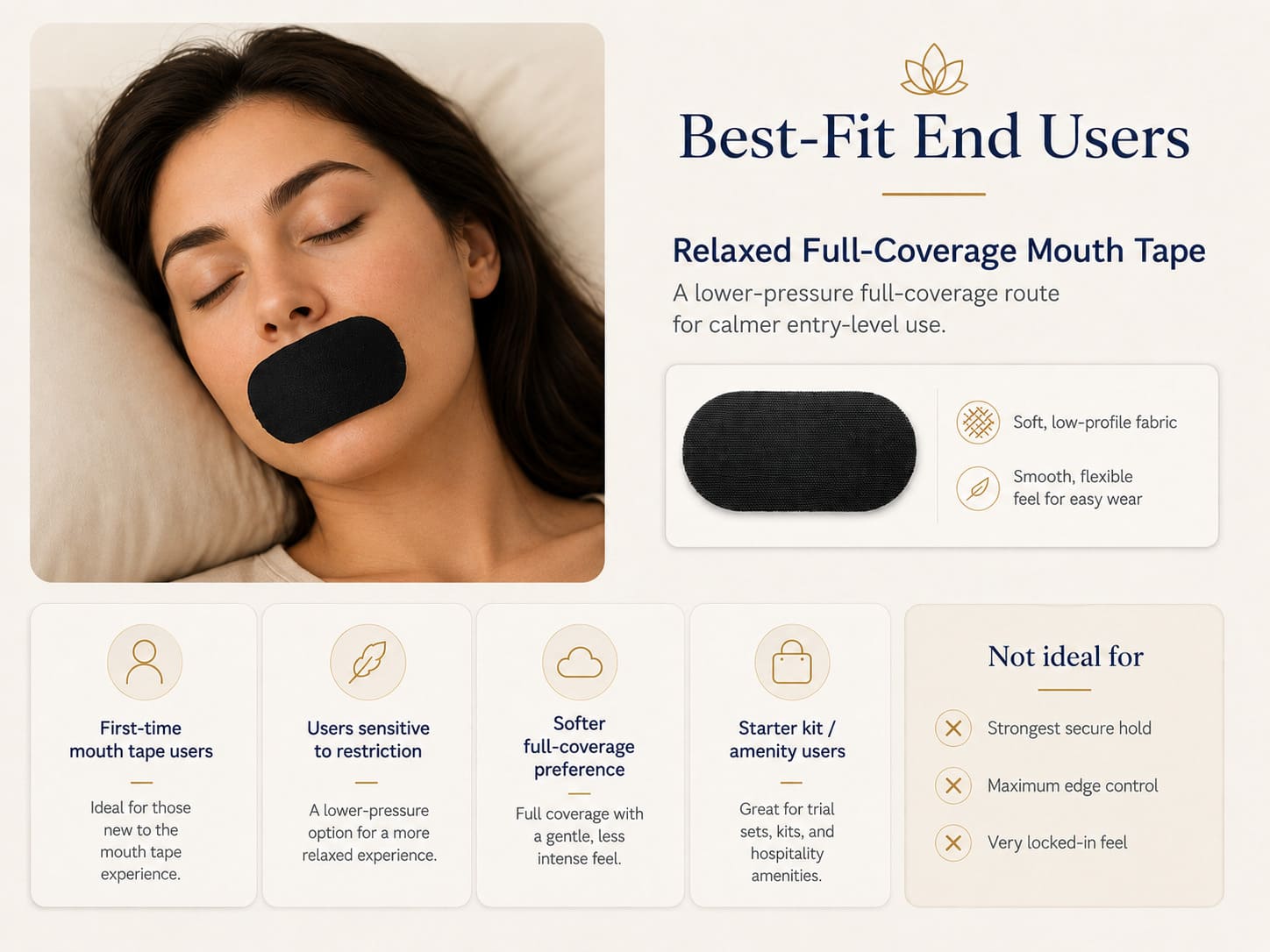 Best-fit end users for relaxed full-coverage mouth tape including first-time users, users sensitive to restriction, and starter kit users