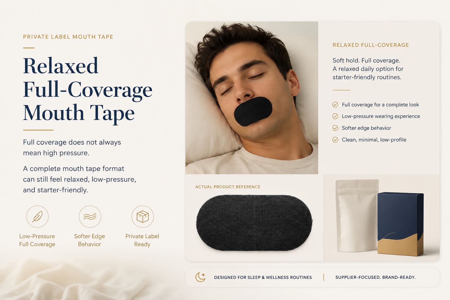 Relaxed full-coverage mouth tape for private label buyers showing low-pressure full coverage, softer edge behavior, and private label packaging