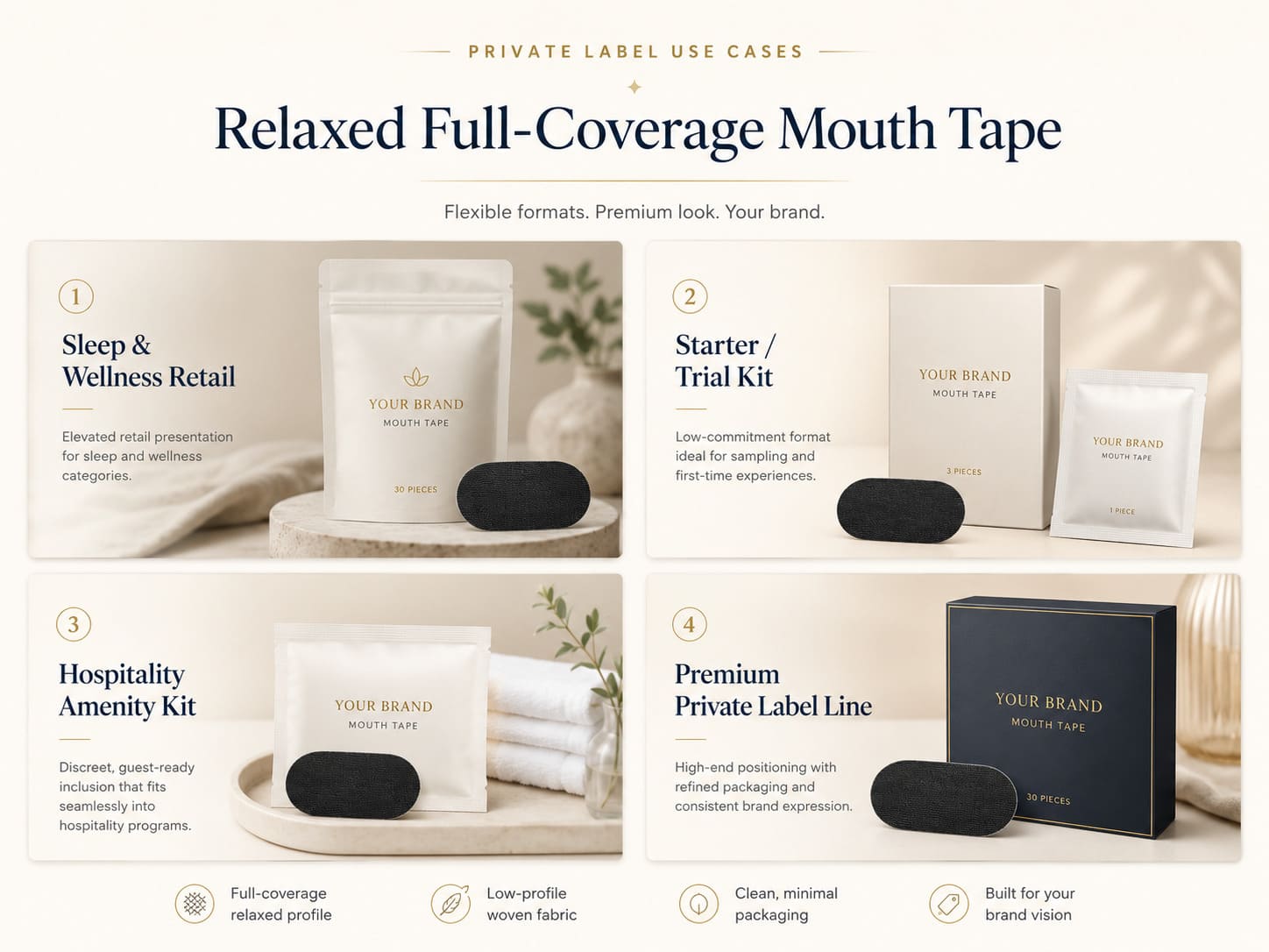 Private label use cases for relaxed full-coverage mouth tape including sleep wellness retail, starter kits, hospitality amenity kits, and premium private label packaging