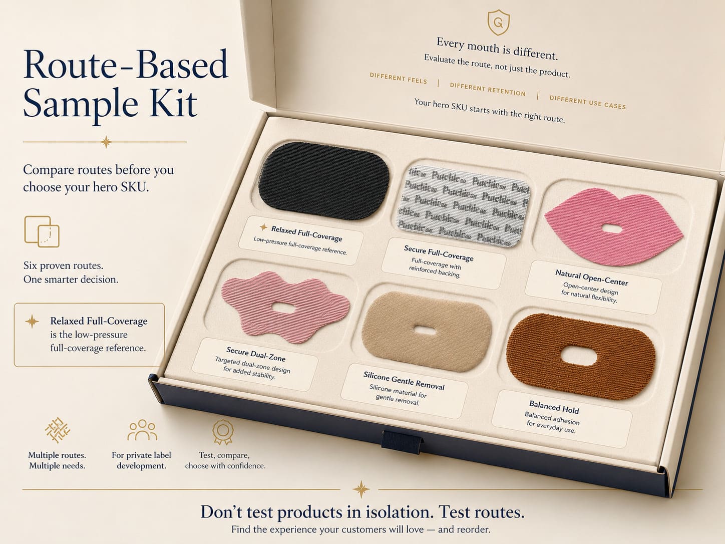 Route-based mouth tape sample kit featuring relaxed full-coverage, secure full-coverage, natural open-center, secure dual-zone, silicone gentle removal, and balanced hold routes