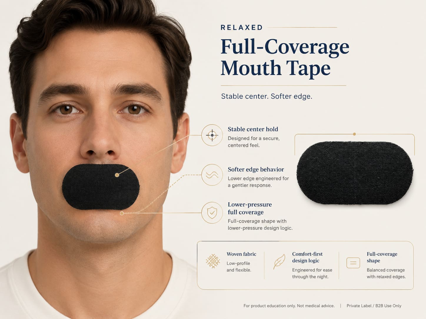 Relaxed full-coverage mouth tape wearing logic showing stable center hold, softer edge behavior, and lower-pressure full coverage