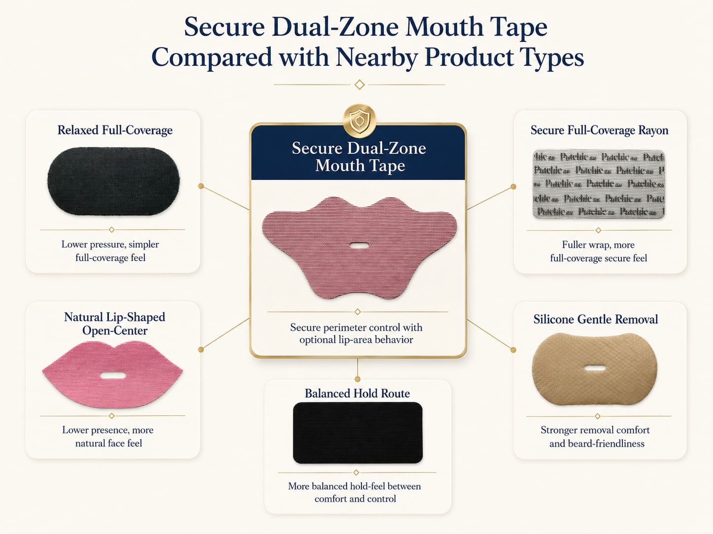 Secure dual-zone mouth tape compared with relaxed full-coverage, secure full-coverage rayon, natural open-center, silicone gentle removal, and balanced hold routes