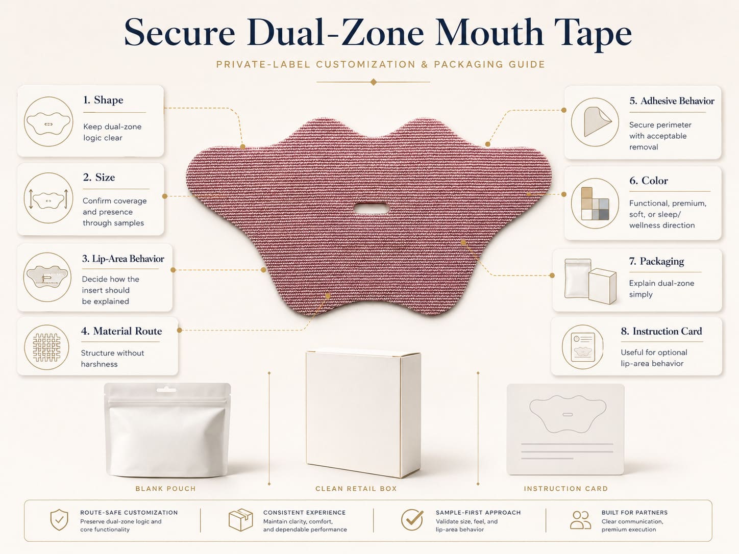 Secure dual-zone mouth tape customization and packaging guide showing shape, size, lip-area behavior, adhesive behavior, color, packaging, and instruction card options