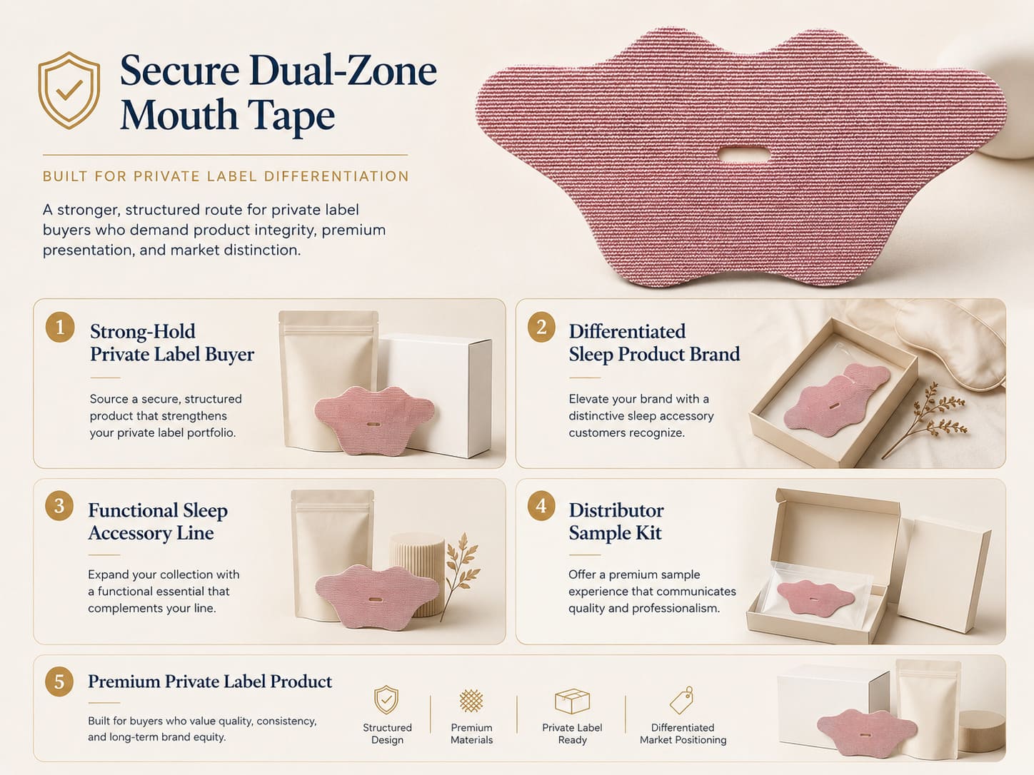 Secure dual-zone mouth tape buyer profiles including strong-hold private label buyers, differentiated sleep product brands, functional sleep accessory lines, distributor sample kits, and premium private label products