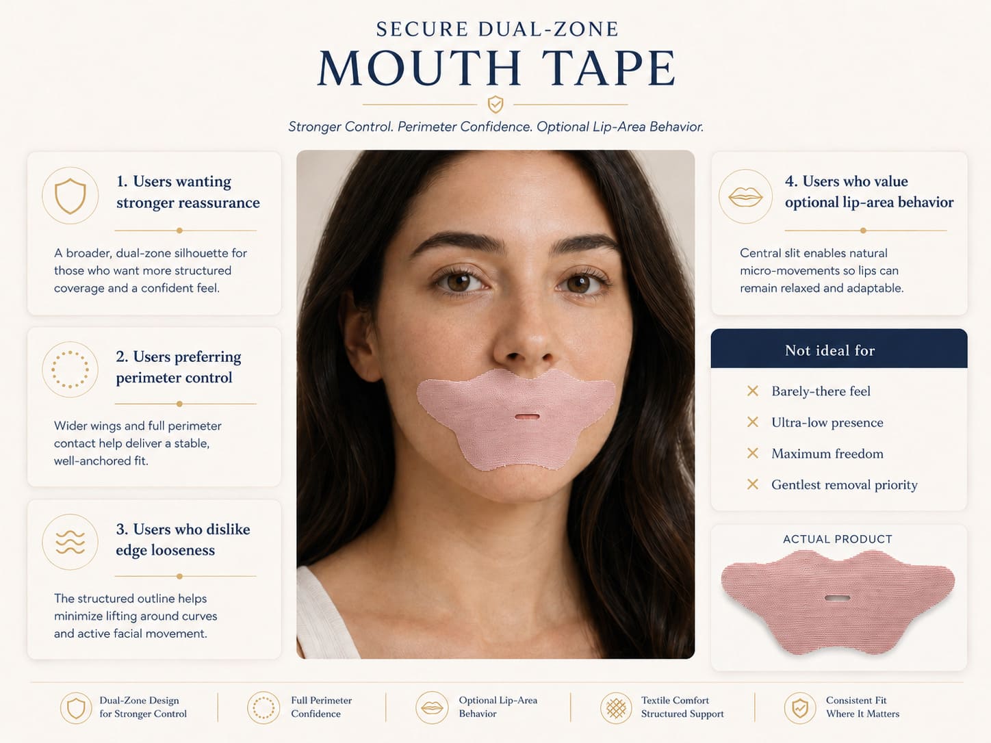 Best-fit end users for secure dual-zone mouth tape including users wanting stronger reassurance, perimeter control, less edge looseness, and optional lip-area behavior