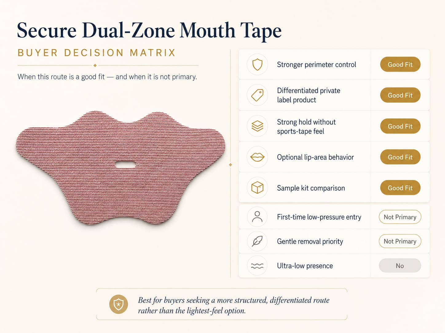 Secure dual-zone mouth tape buyer decision matrix showing stronger perimeter control, differentiated private label fit, optional lip-area behavior, and route trade-offs