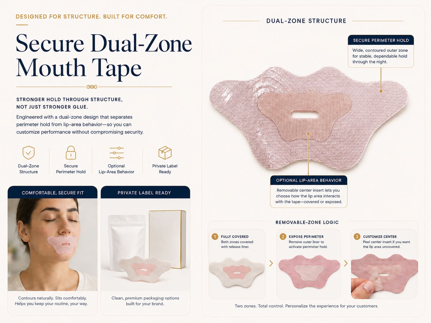 Secure dual-zone mouth tape for private label buyers showing secure perimeter hold, optional lip-area behavior, dual-zone structure, and private label packaging