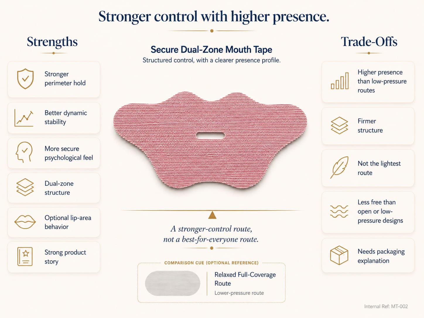 Secure dual-zone mouth tape trade-off infographic showing stronger perimeter hold, better dynamic stability, optional lip-area behavior, higher presence, and firmer structure