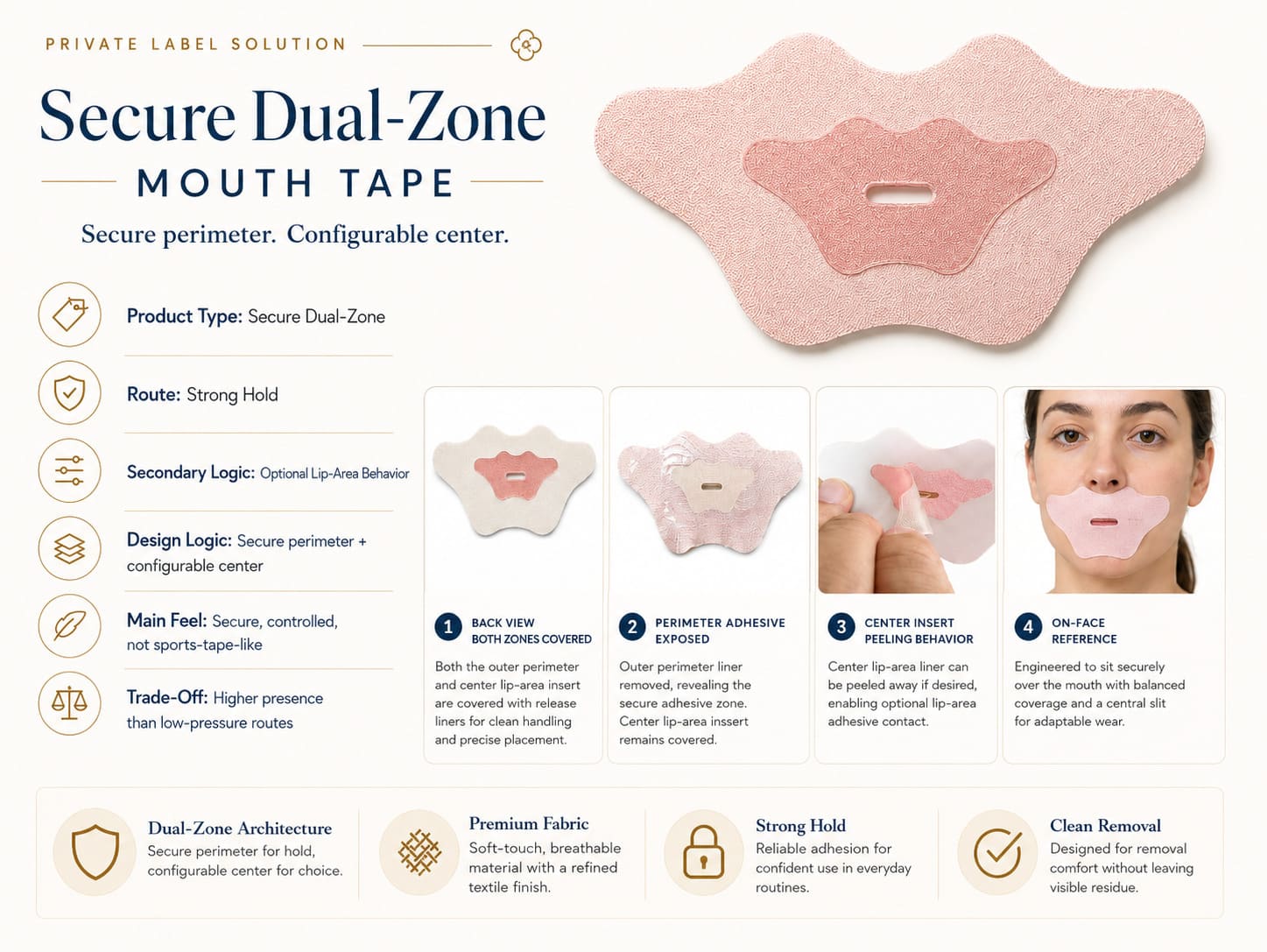 Secure dual-zone mouth tape product snapshot showing strong hold route, optional lip-area behavior, secure perimeter design, and configurable center structure