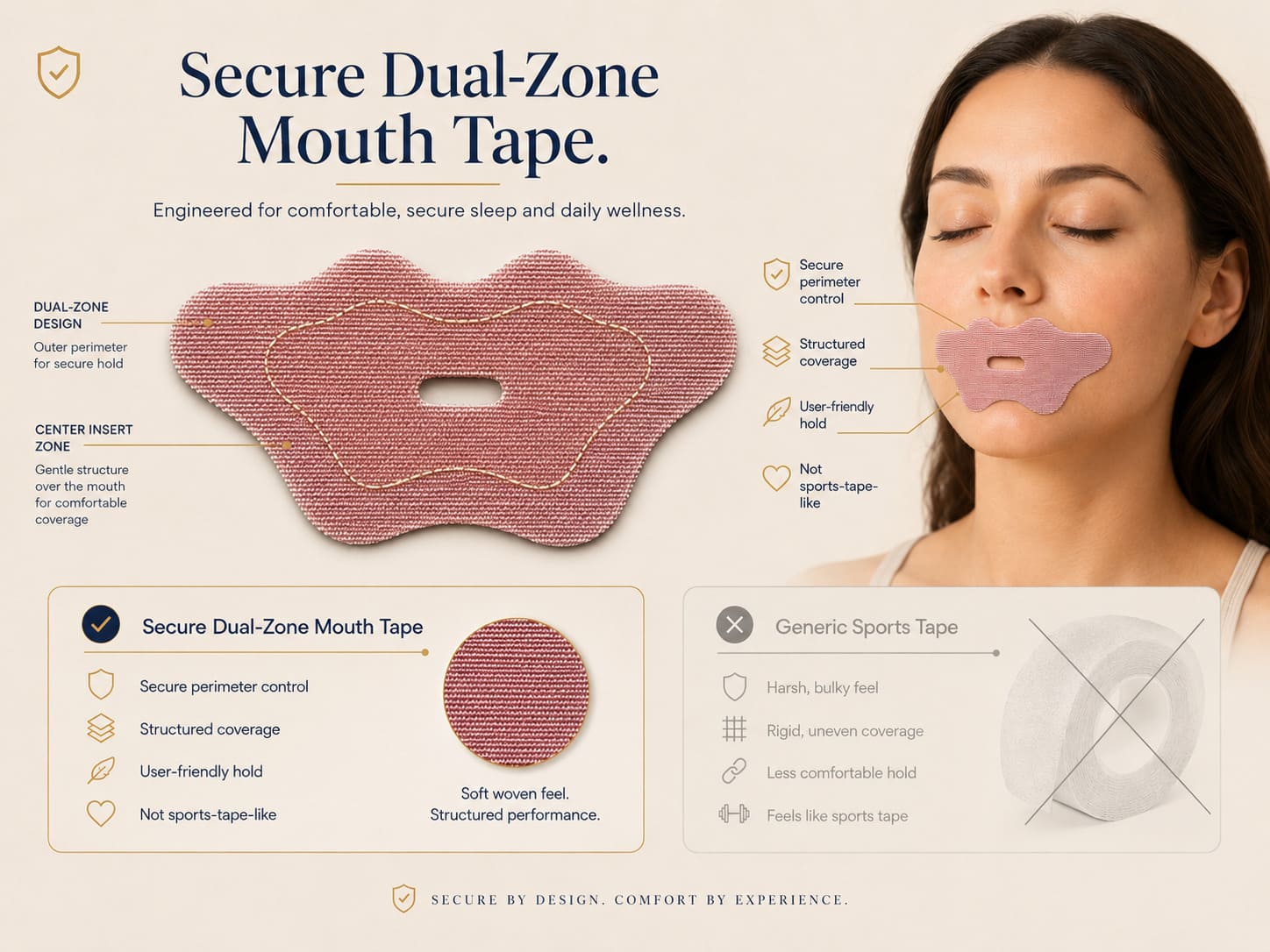 Secure dual-zone mouth tape showing structured secure hold without a sports-tape-like feel