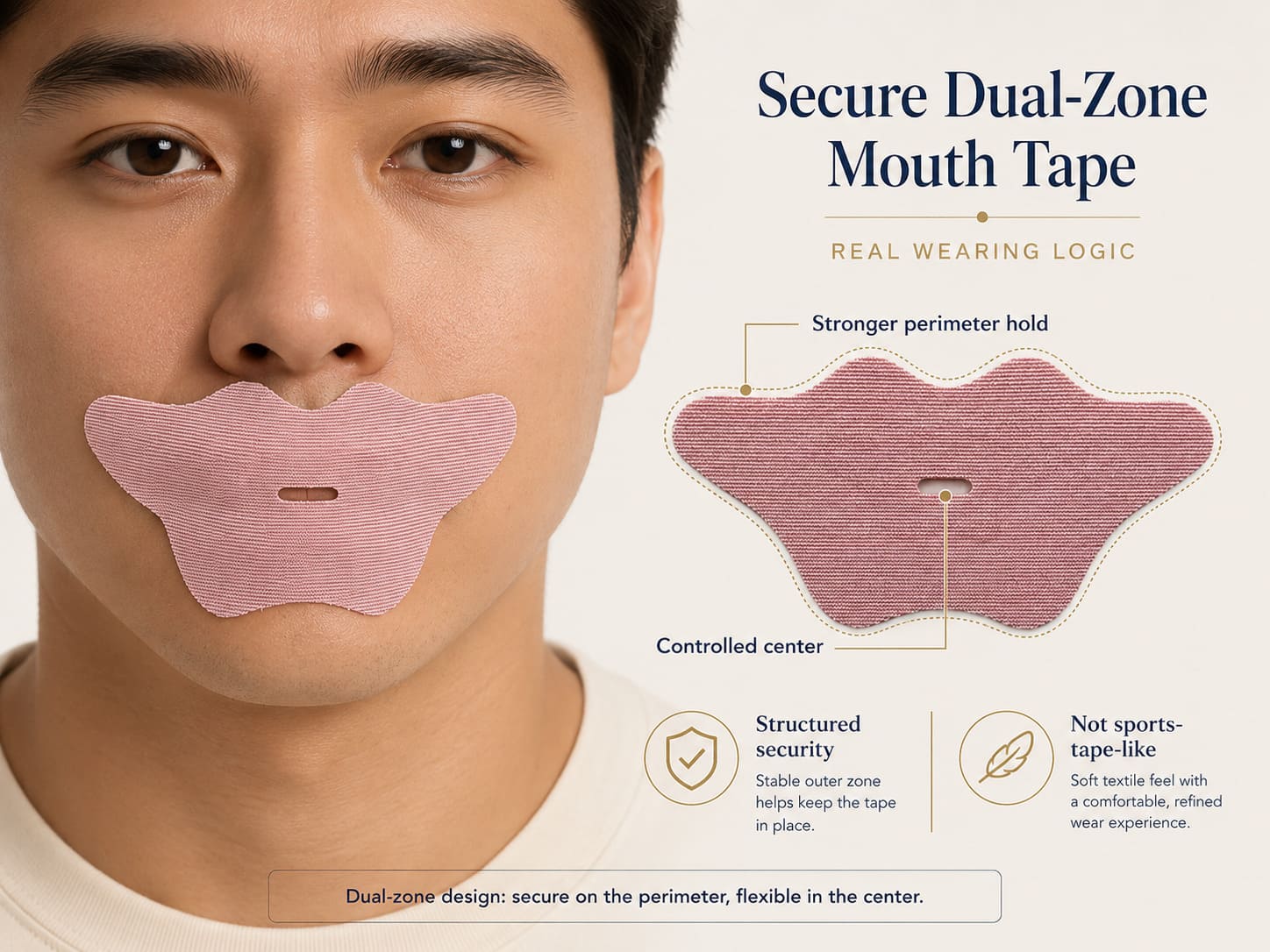 Secure dual-zone mouth tape wearing logic showing stronger perimeter hold, controlled center, structured security, and non-sports-tape comfort