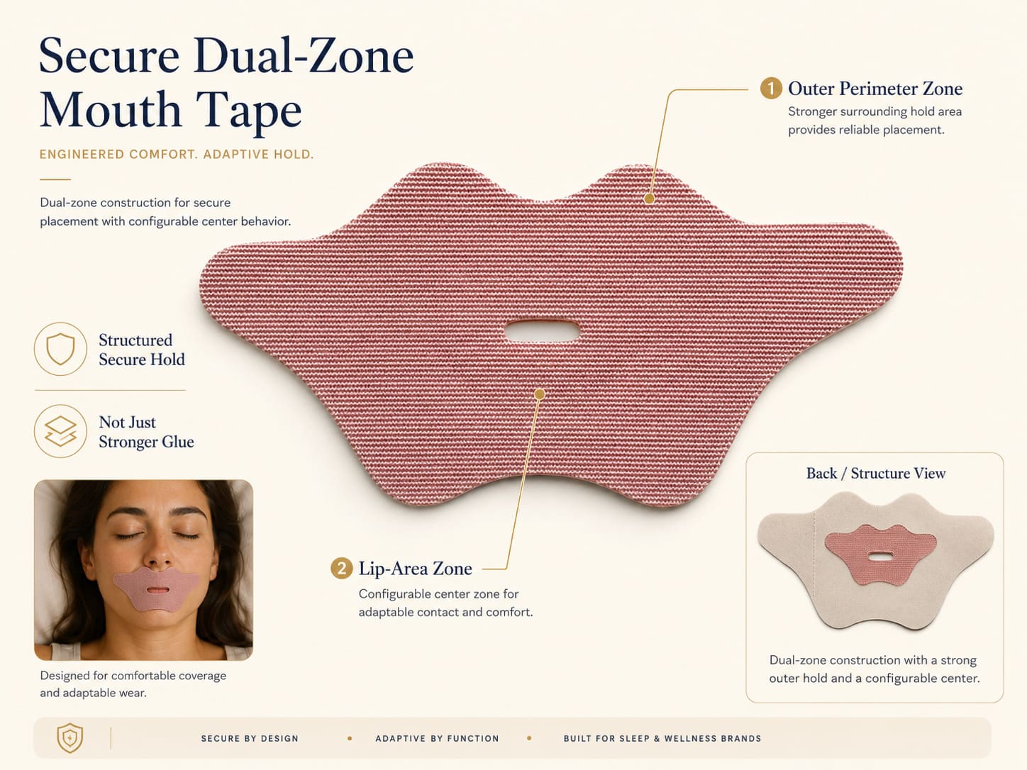 Secure dual-zone mouth tape explaining stronger hold through dual-zone structure, secure perimeter hold, and optional lip-area behavior