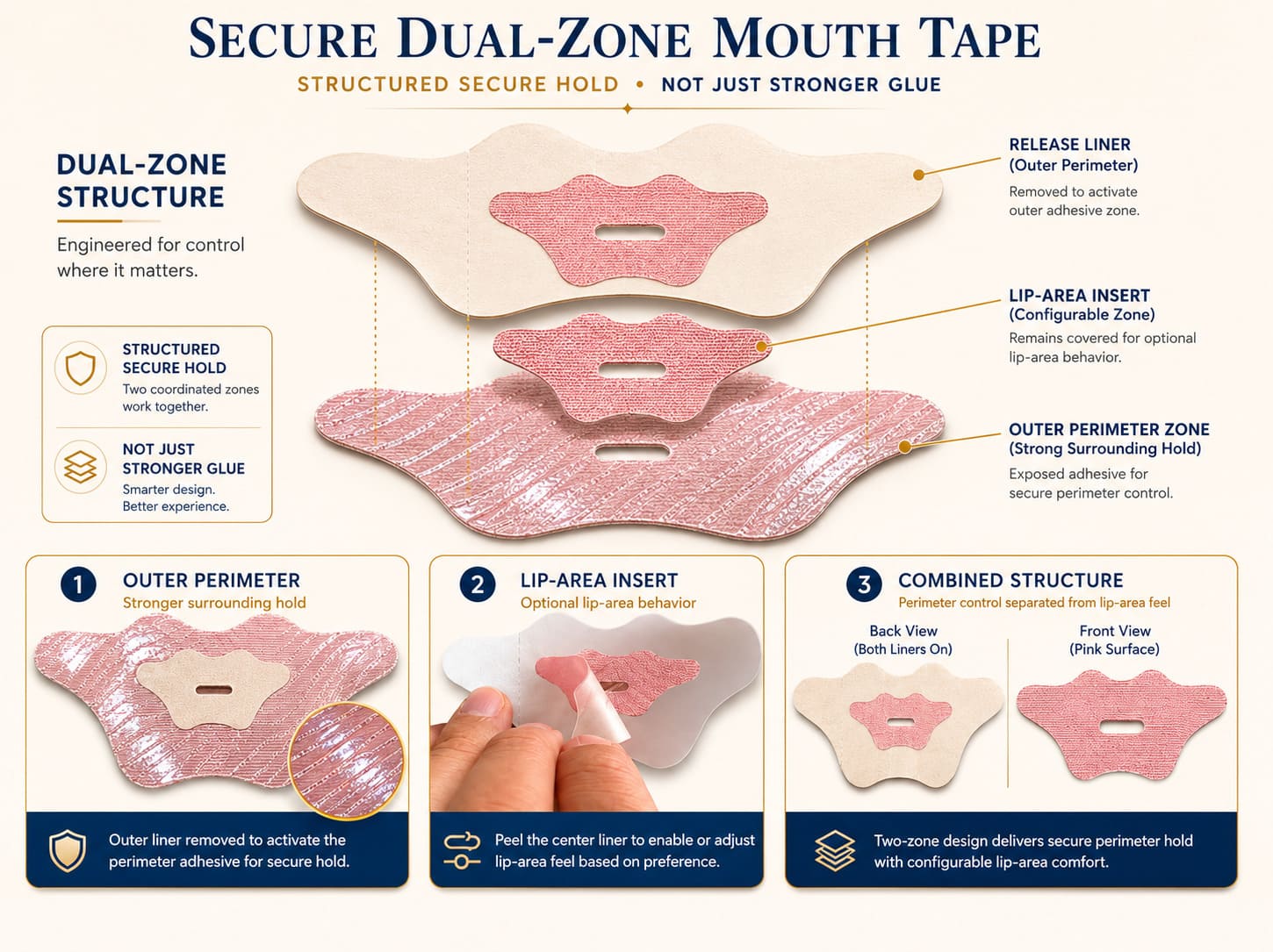 Secure dual-zone mouth tape structure explained with outer perimeter zone, lip-area insert, release liner, and combined dual-zone hold logic