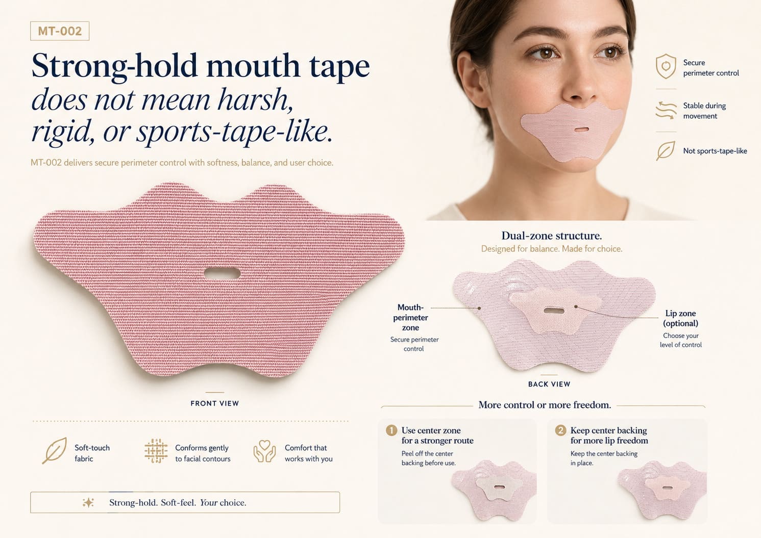 Strong-hold mouth tape does not mean harsh or sports-tape-like, featuring MT-002 secure dual-zone design