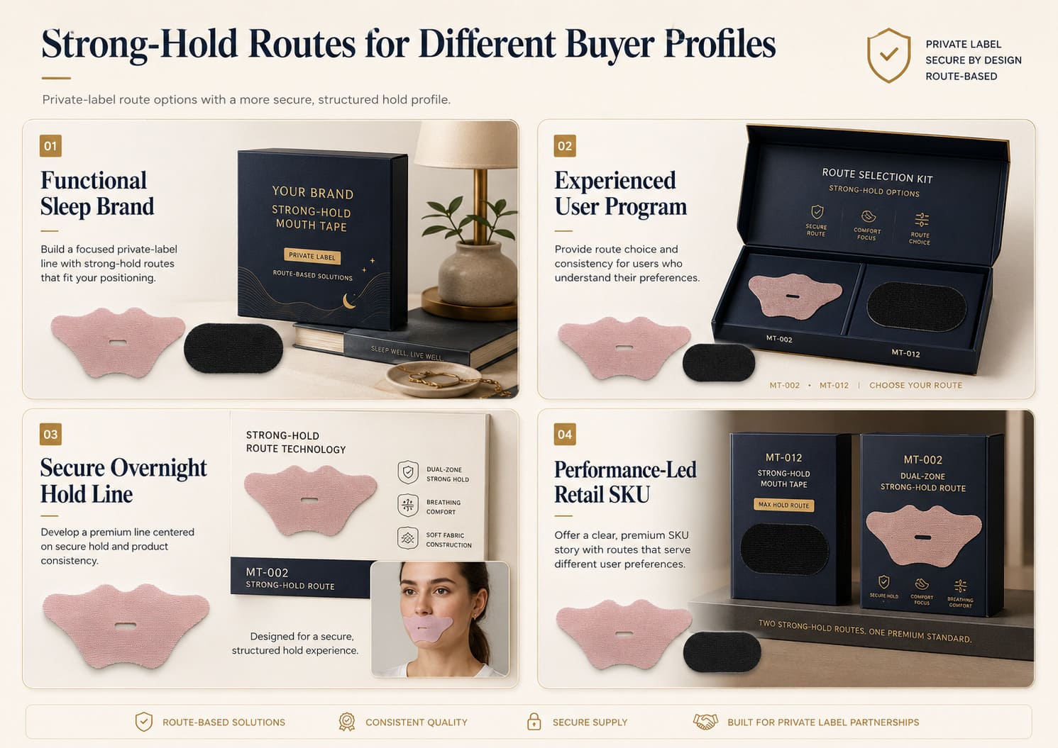 Strong-hold mouth tape routes for different B2B buyer profiles including functional sleep brands, experienced user programs, secure hold lines, and retail SKUs