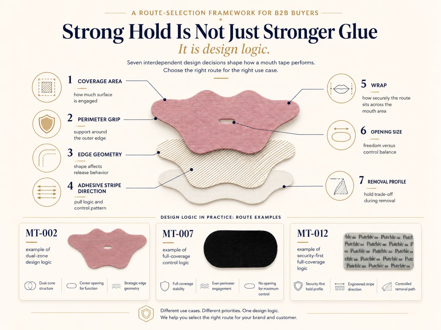 Strong hold mouth tape design logic showing coverage area, perimeter grip, edge geometry, adhesive stripe direction, wrap, opening size, and removal profile