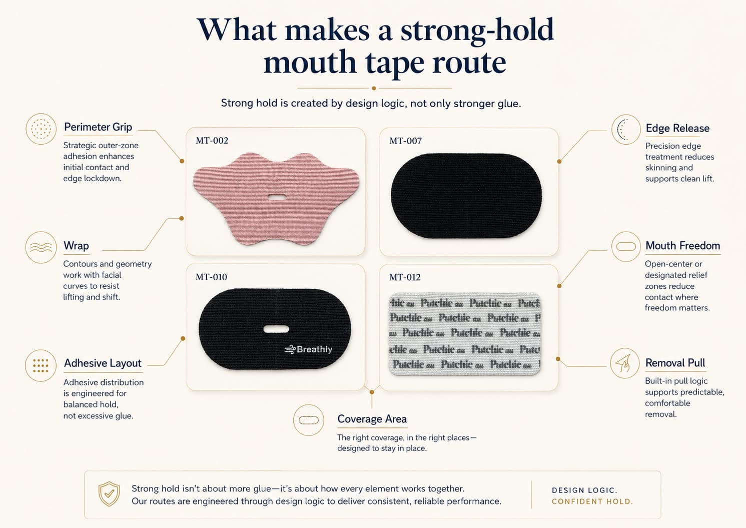 Strong-hold mouth tape selection framework showing perimeter grip, wrap, adhesive layout, edge release, mouth freedom, removal pull, and coverage area