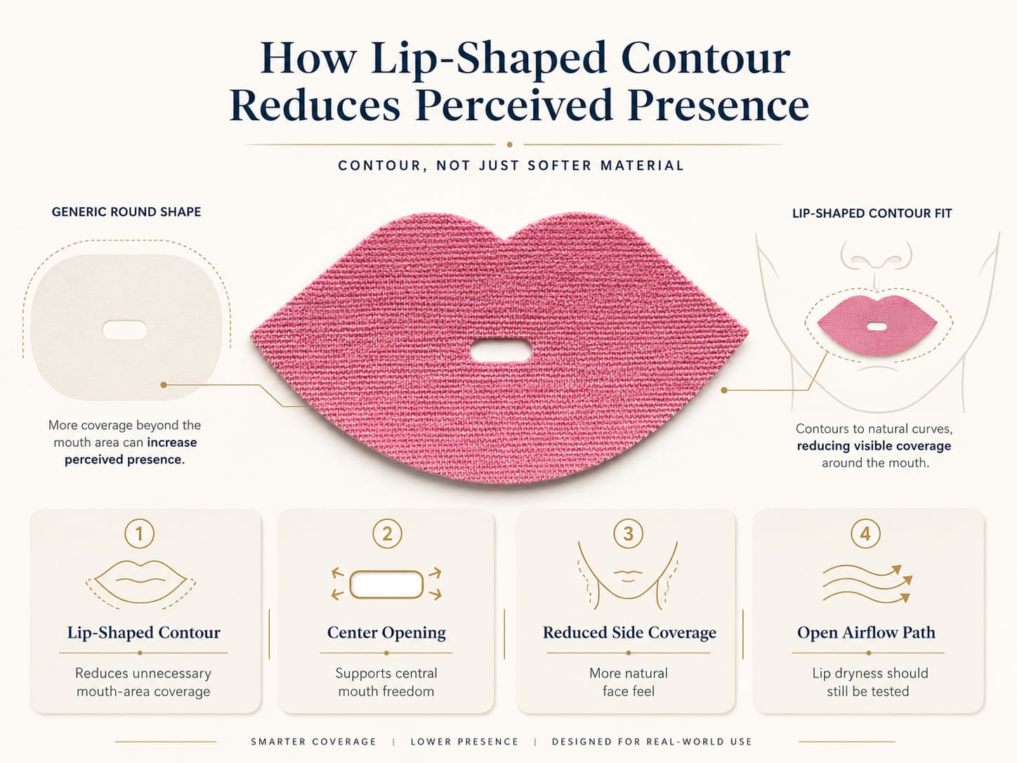 Natural lip-shaped open-center mouth tape showing how lip-shaped contour reduces unnecessary coverage and perceived presence