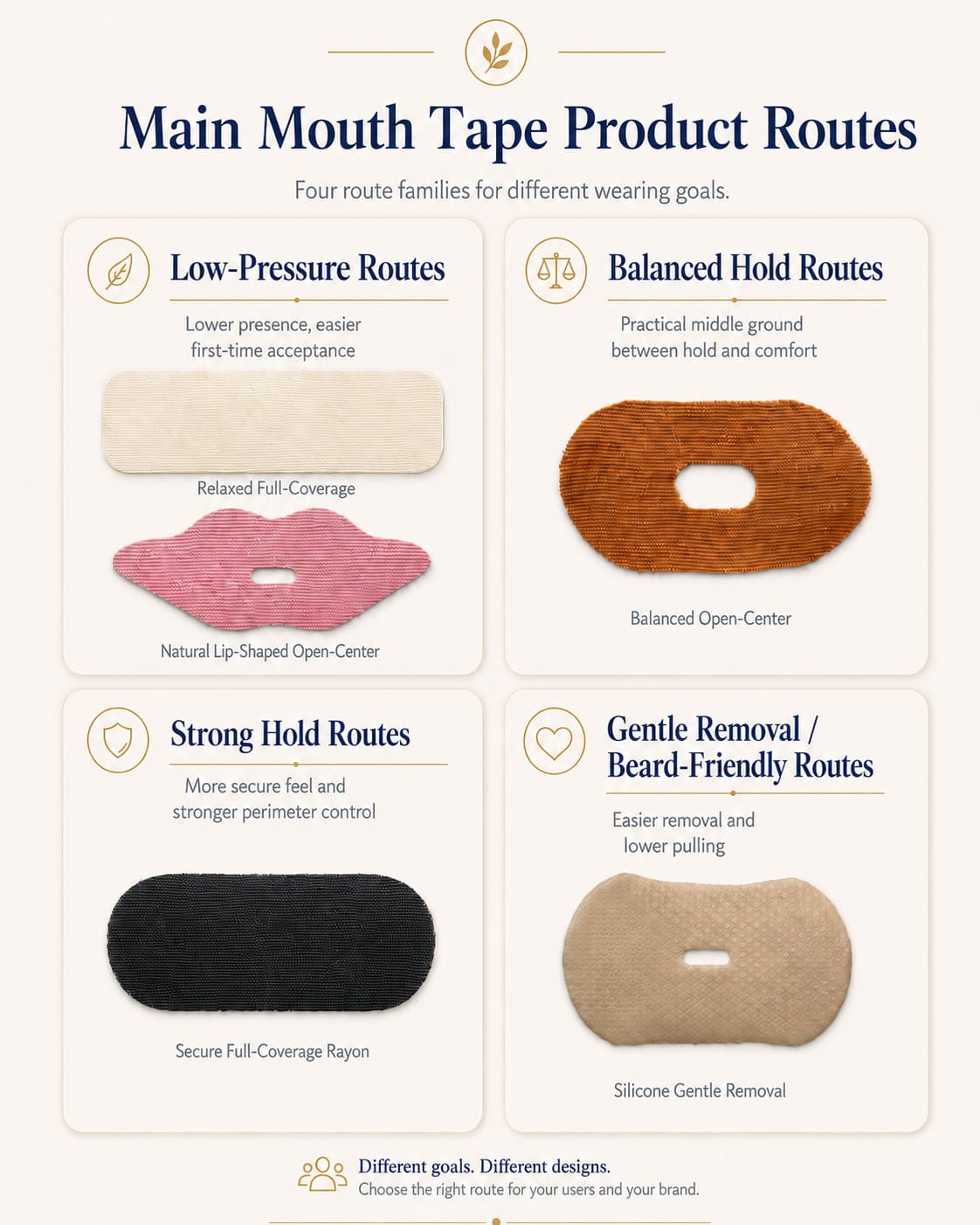 Main mouth tape product routes overview showing low-pressure routes, balanced hold routes, strong hold routes, and gentle removal beard-friendly routes for private label buyers