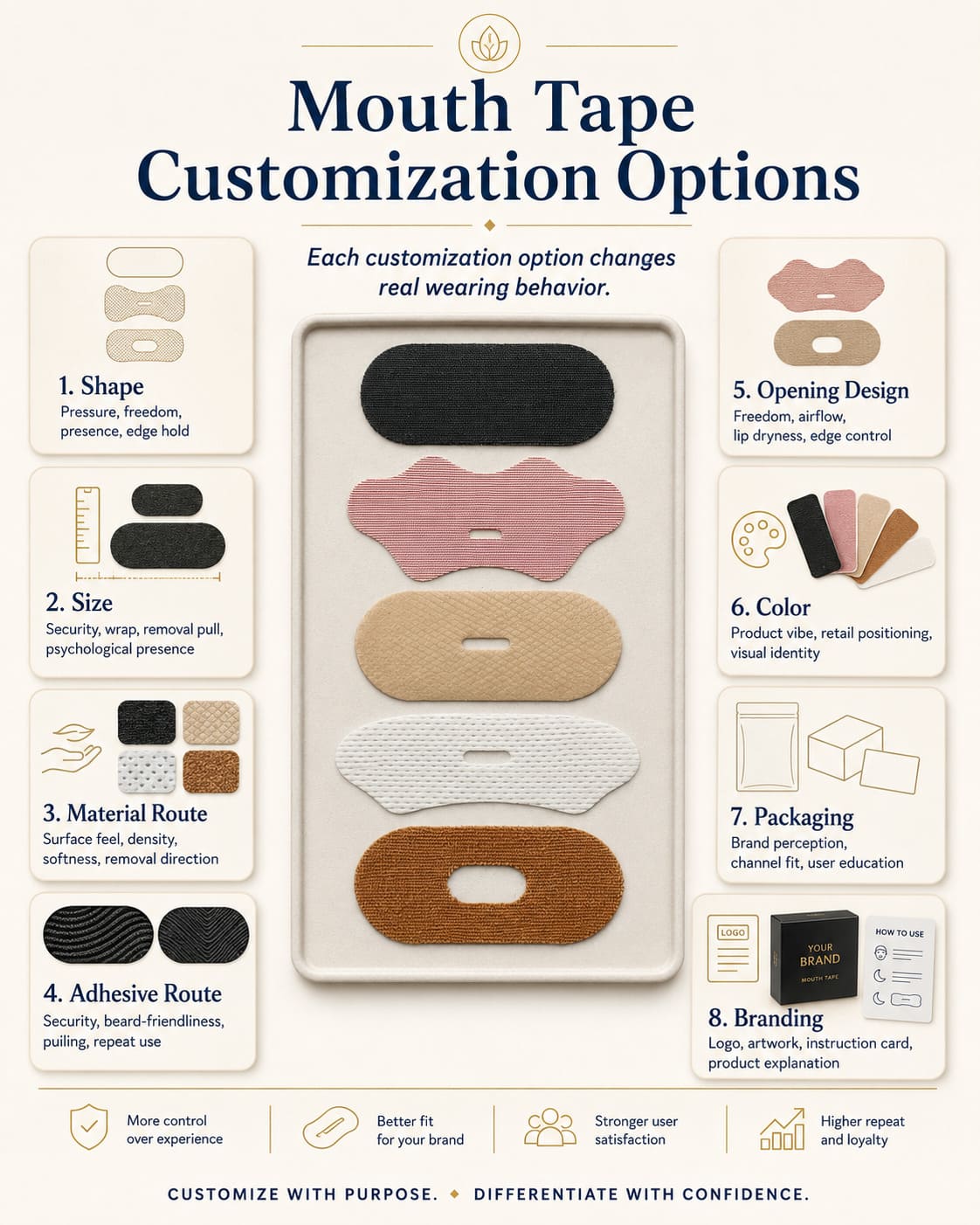 Mouth tape customization options infographic for private label buyers showing how shape, size, material route, adhesive route, opening design, color, packaging, and branding affect wearing behavior