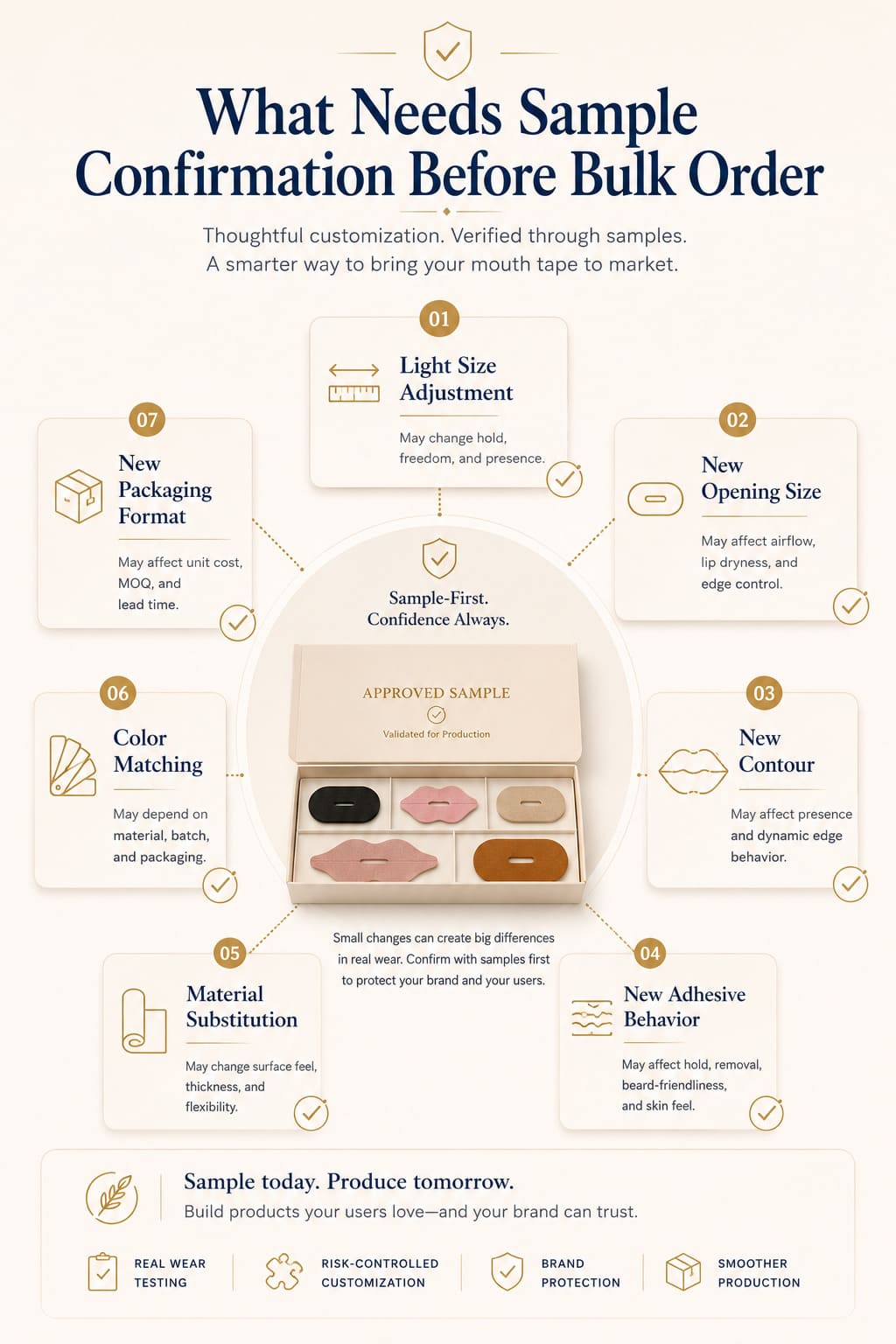 What needs sample confirmation before bulk order for private label mouth tape, including size adjustment, opening size, contour, adhesive behavior, material substitution, color matching, and packaging format