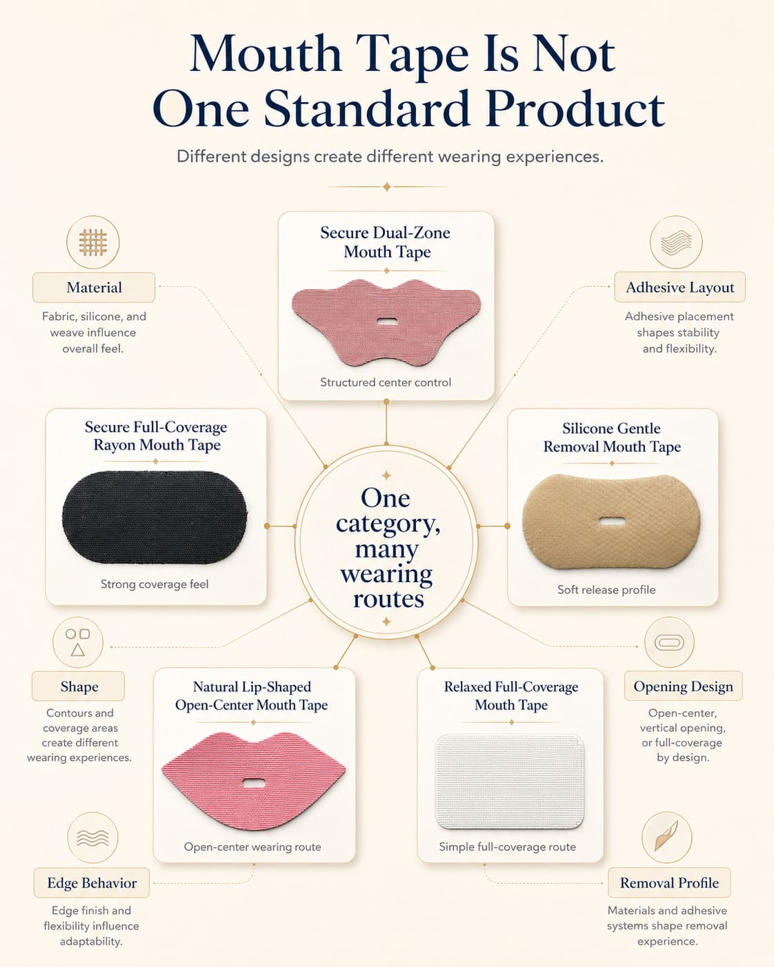 Educational mouth tape product system infographic showing how material, adhesive layout, shape, opening design, edge behavior, and removal profile create different wearing routes
